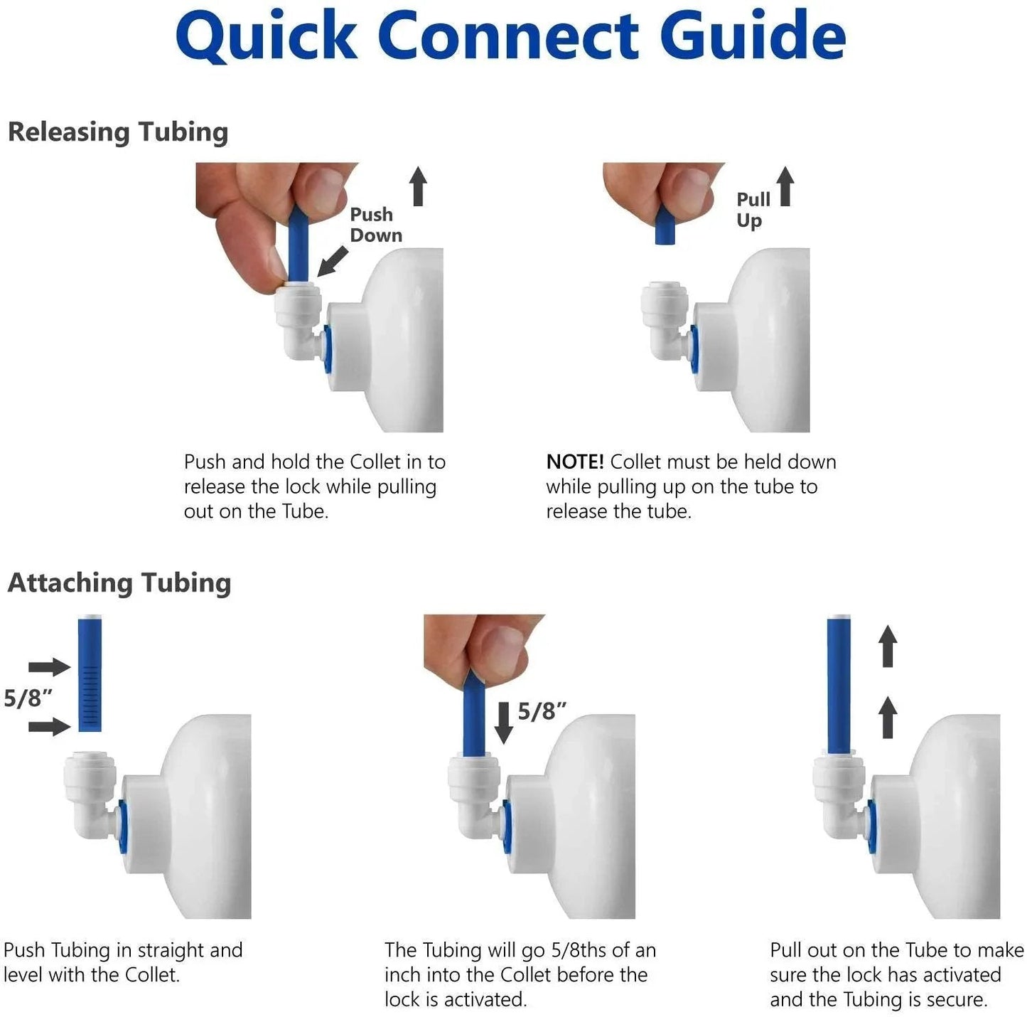 Quick connect guide for Inline Shut Off Ball Valve For Quarter Inch OD Tubing And Hose showing releasing and attaching steps.