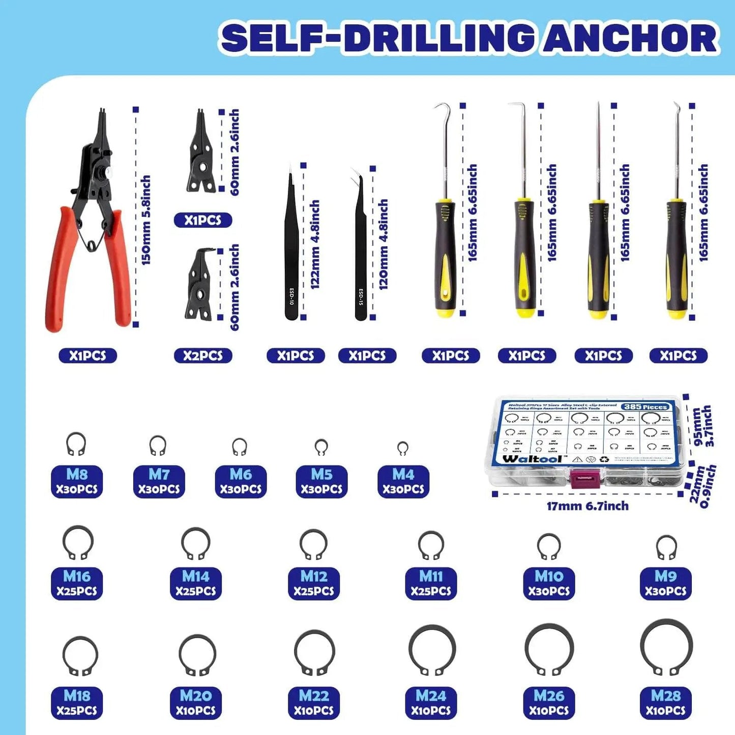 Must Have Ultimate C Clip External Retaining Ring Set With 4 In 1 Snap Ring Pliers And Precision Hooks For Grooved Shafts Pins And Studs, 395 Pieces In 17 Sizes Alloy Steel Case Included Waltool display with tools and parts.