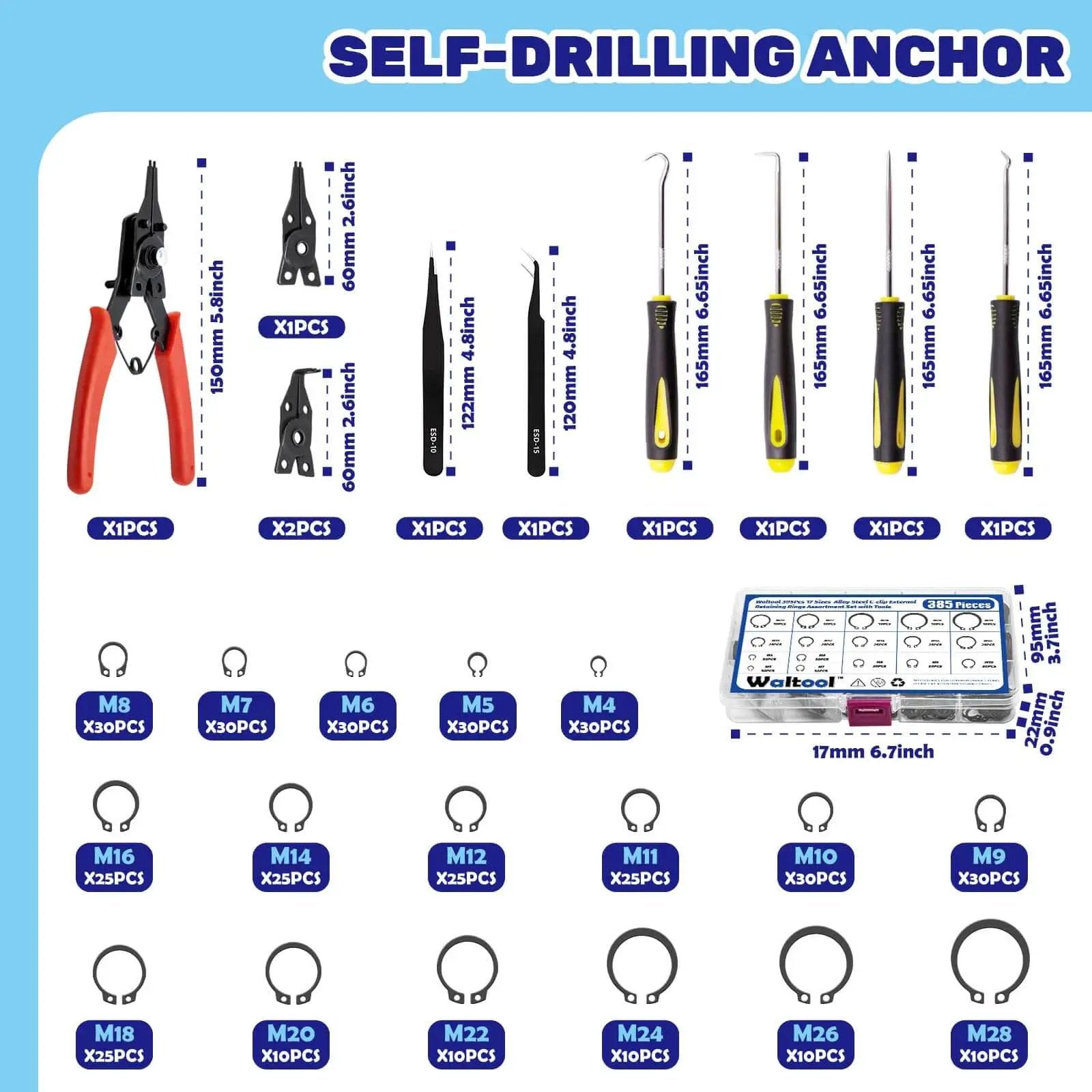 Must Have Ultimate C Clip External Retaining Ring Set With 4 In 1 Snap Ring Pliers And Precision Hooks For Grooved Shafts Pins And Studs, 395 Pieces In 17 Sizes Alloy Steel Case Included Waltool display with tools and parts.
