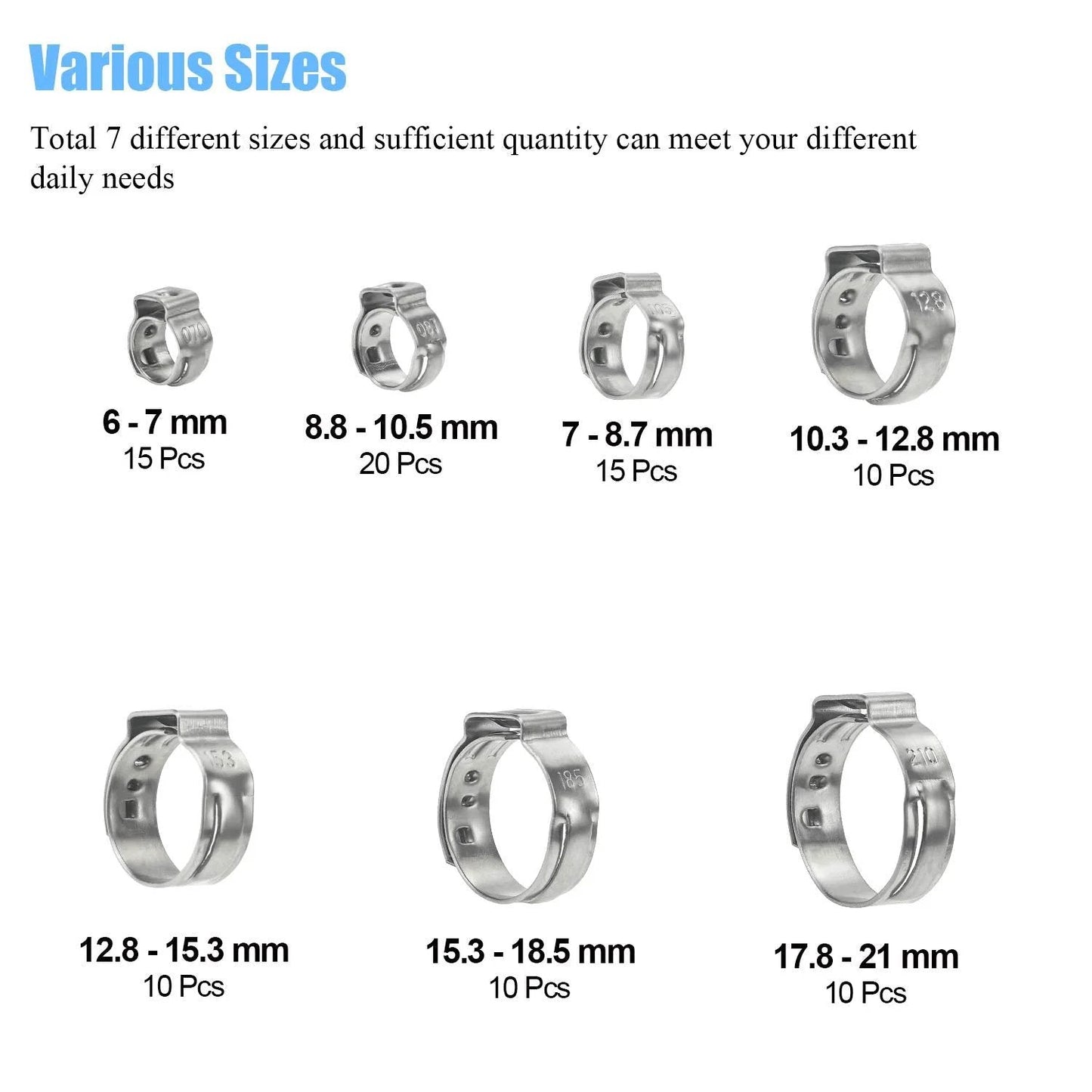 Set of 90 Pack Adjustable Hose Clamps 6 To 21mm Single Ear, 304 Stainless Steel Heavy Duty, various sizes displayed
