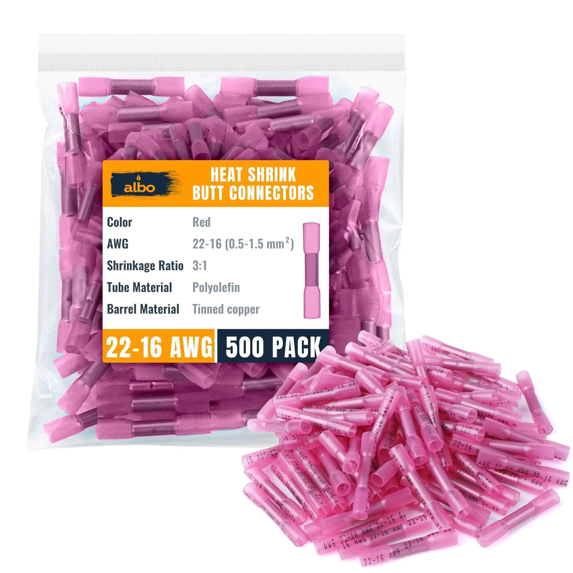 Heat Shrink Butt Connectors 22 to 16 AWG Red Insulated 500 Pcs Quick Install Garage Ready Wire Splice Kit