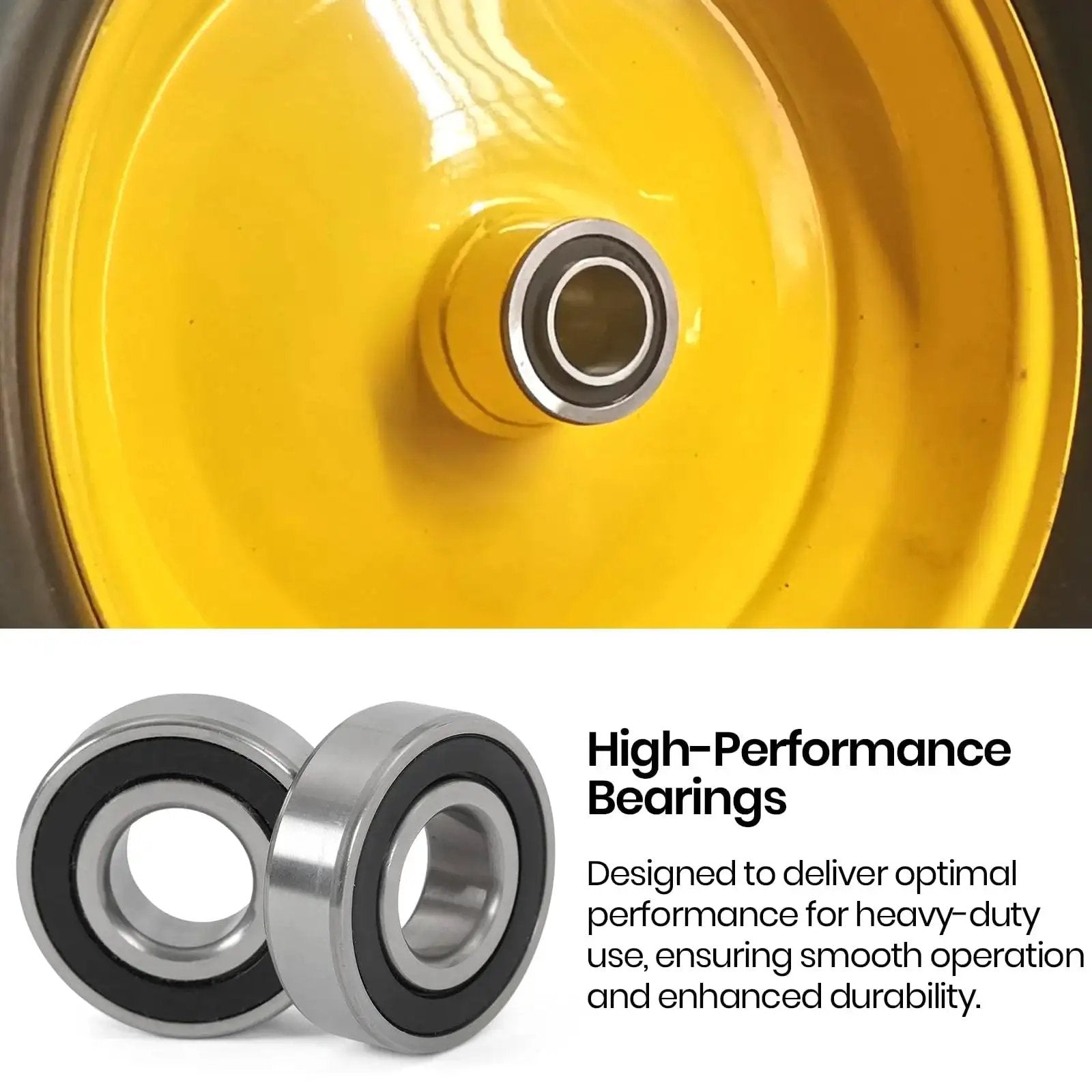 4 Pack Three Quarter Inch Carbon Steel Bearings Replacement For Lawn Mowers Wheelbarrows Carts And Hand Trucks, shown installed in wheel