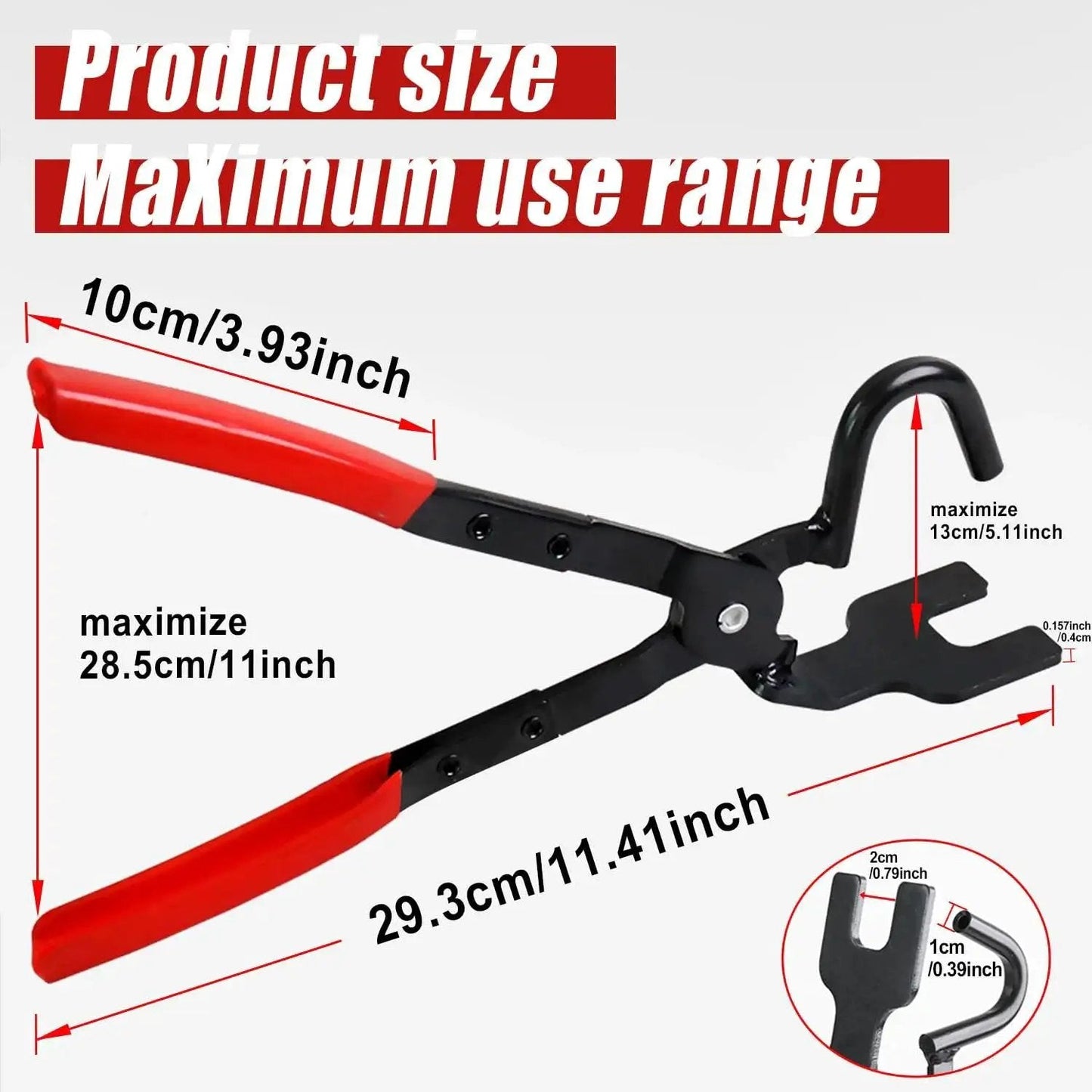 Exhaust Hanger Removal Pliers 25 Degree Offset For Cars And Trucks Non Slip Grip with red handles and tool dimensions visible