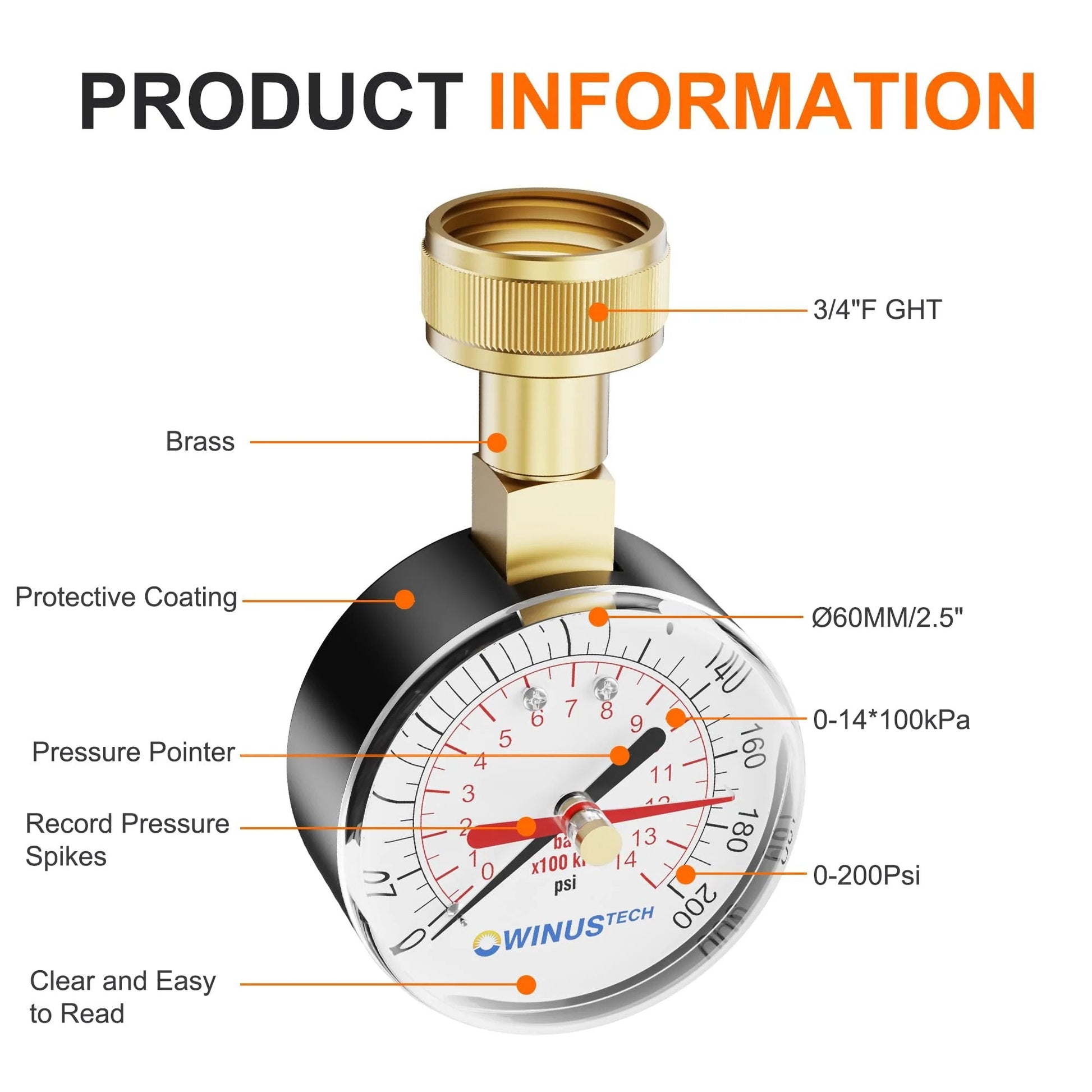Water Pressure Gauge With Three Quarters Inch Female Connection For Home Use 0 To 200 PSI Range Two And A Half Inch Dial Garden Hose Thread