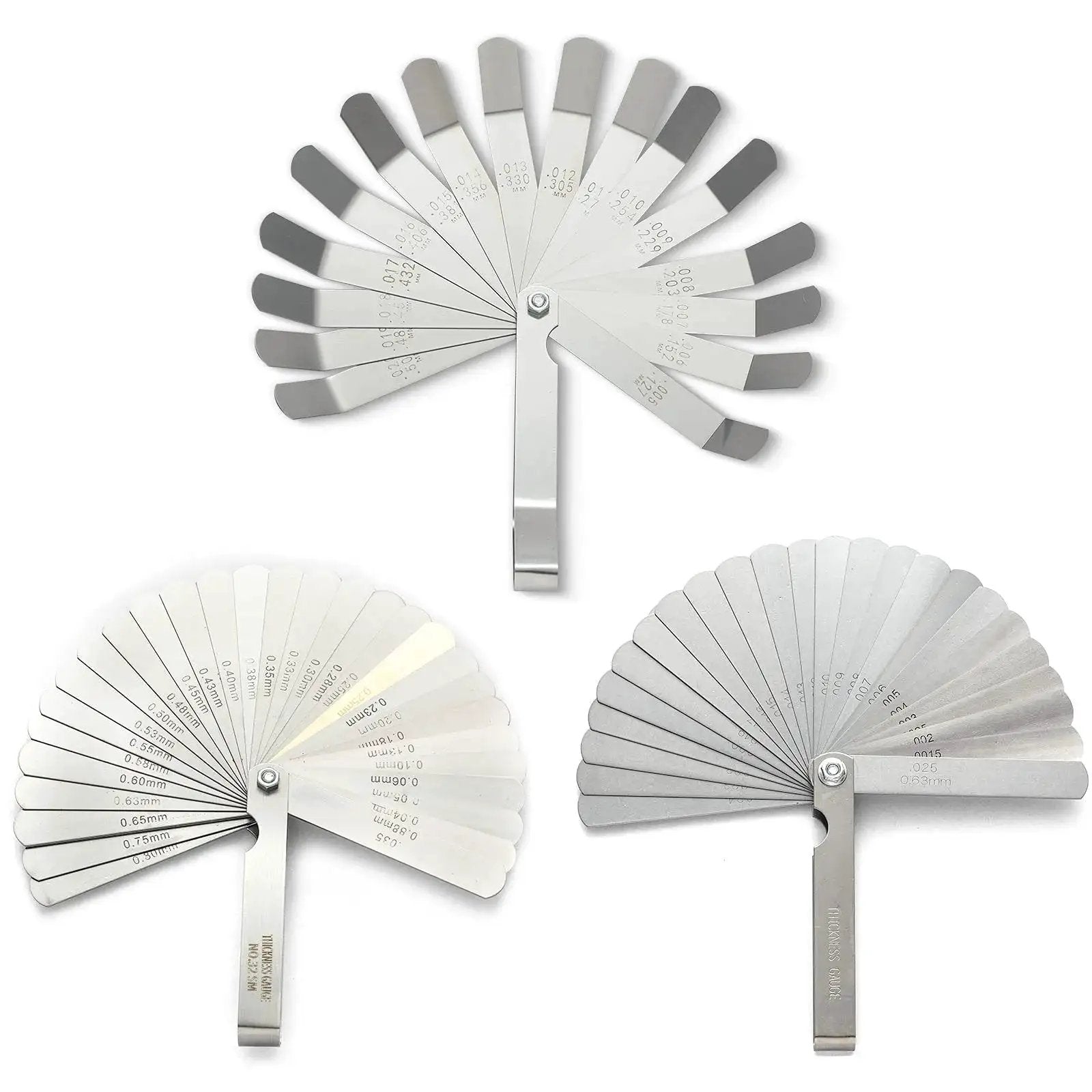 Three Piece Feeler Gauge Set With 32 And 26 Blade Gauges And Offset 16 Blade Gauge Stainless Steel Dual Marked Metric And Imperial Gap Tool For Automotive Repair And Engine Tuning Today.