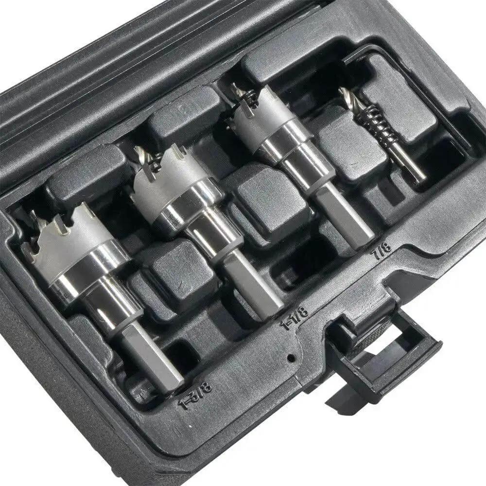 Heavy Duty Beast Carbide Hole Saw Kit With Pilot Bit In Rust Proof Molded Plastic Case Includes Three Hole Saws 7/8 Inch 1-1/8 Inch 1-3/8 Inch Plus One More Size For Quick Precise Drilling In Stainless Steel Mild Steel Iron Copper And Brass