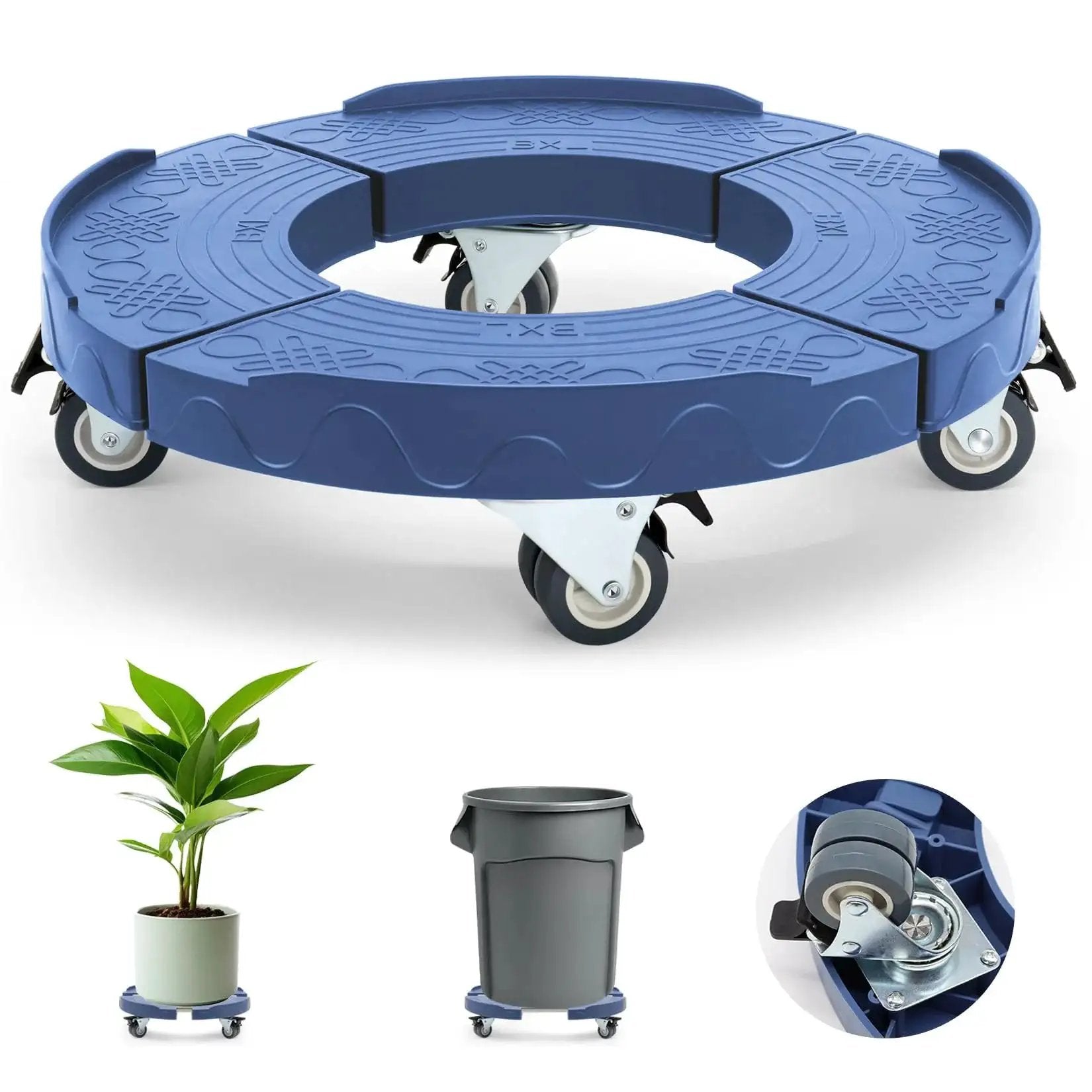 Adjustable Plant Caddy With Wheels For 15 To 19 Inch Round Bases Heavy Duty 440 Lbs Drum Cart With Locking Rollers Blue