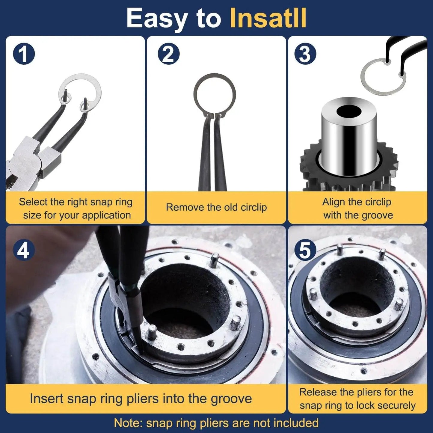 Installation steps for 60mm ID Internal Retaining Rings 5 Pcs E Clip Circlip Snap Ring Set From 304 Stainless Steel