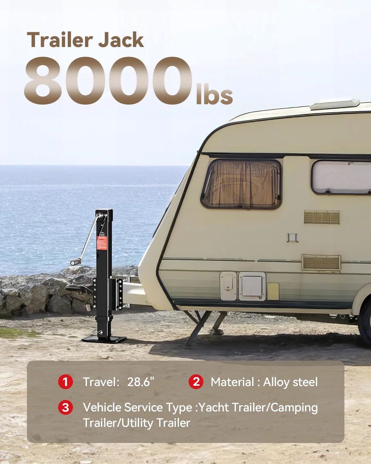 Beefy 8000 Lbs Heavy Duty Trailer Jack With 20-24V Cordless Drill Compatibility Installed on RV at Campsite