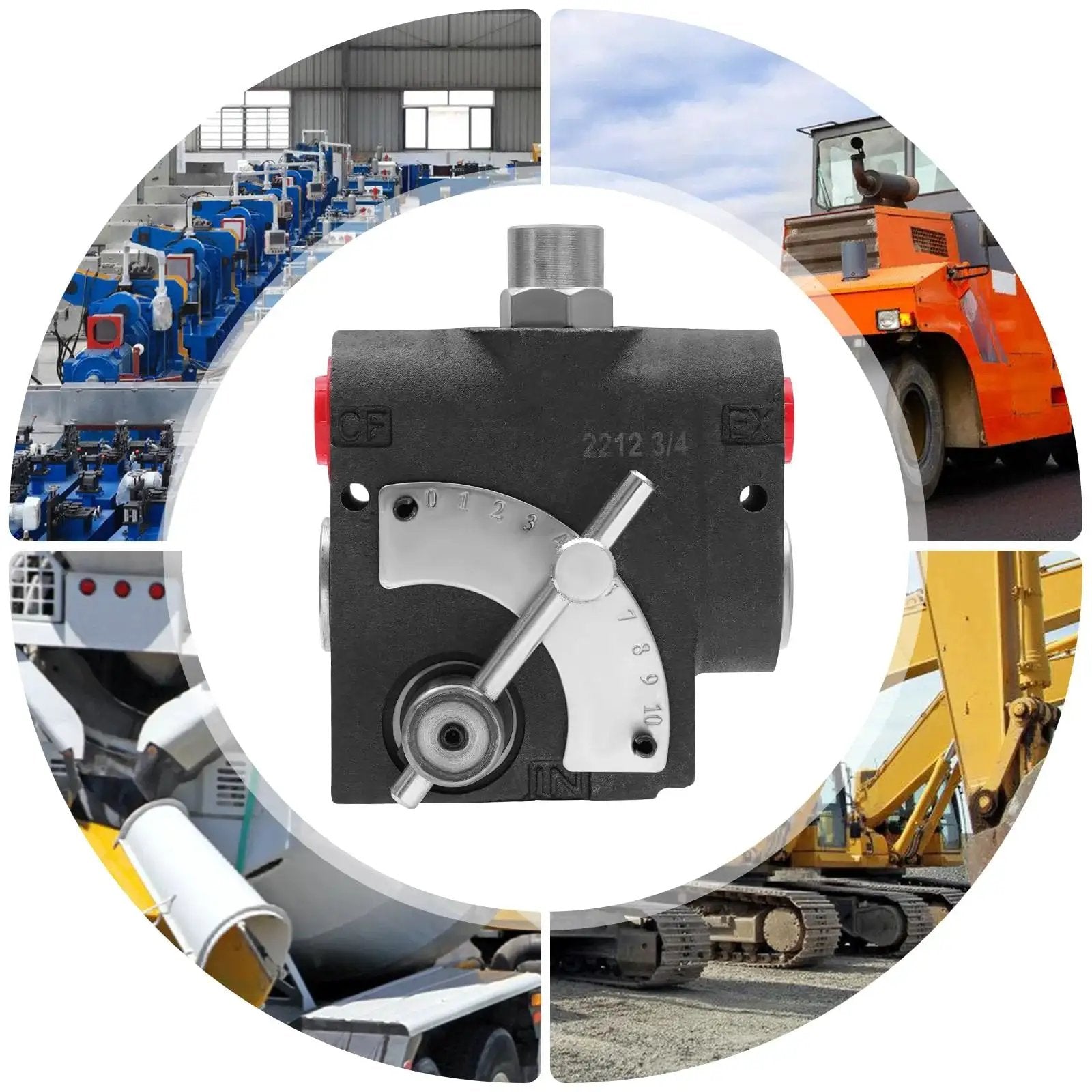 Hydraulic Adjustable Variable Flow Control Valve For Log Splitters with 3/4 NPT fittings, shown in industrial settings.
