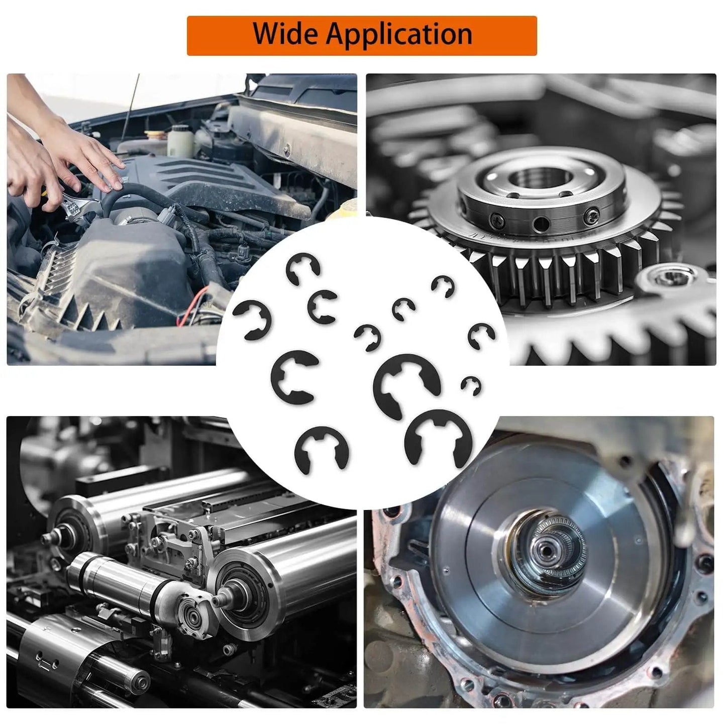 580 Piece Black Alloy Steel E Clip Set With 10 Size Assortment M1.5 To M10 for bearings, gears, pulleys, and axles application