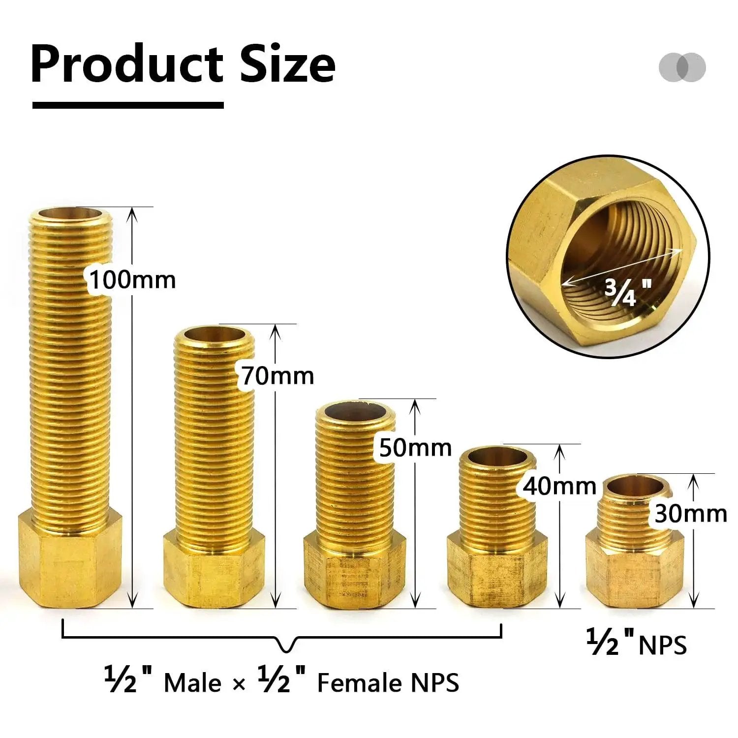 Five Pack Half Inch Brass Extension Adapter Set With Half Inch Male To Female Nipple Fittings Hex Bushing Converter For Plumbing Sizes Shown