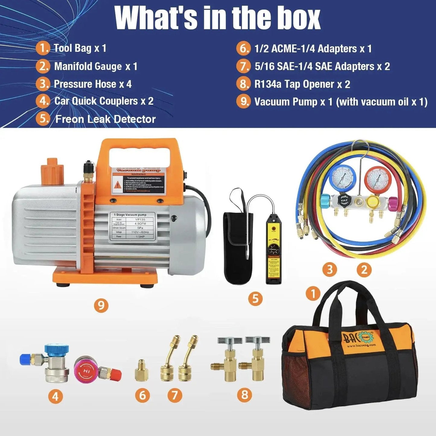 Efficient 4.5 CFM HVAC vacuum pump kit with a 4-way gauge and leak detector displayed with accessories including hoses and adapters.