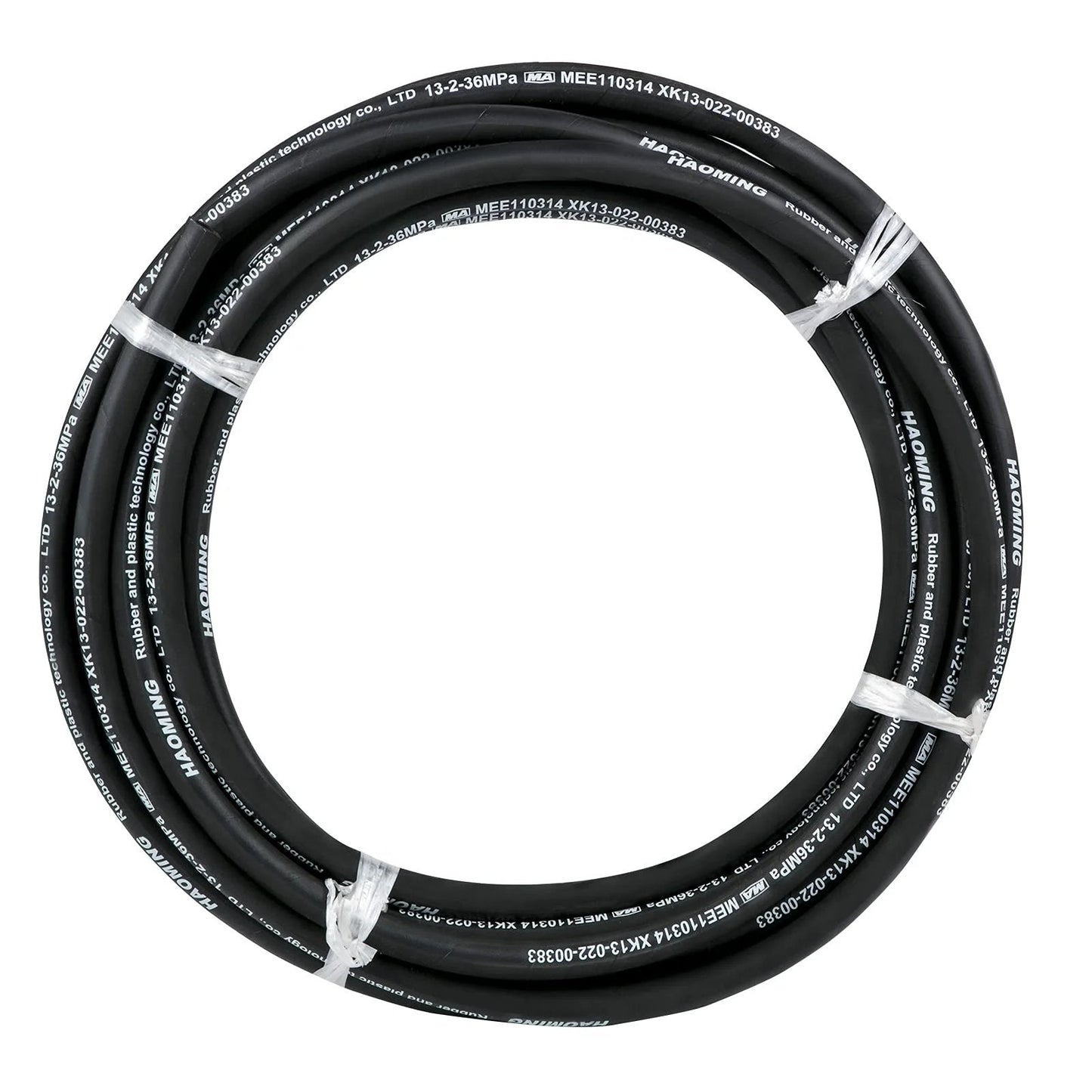 Heavy Duty 50 Feet Hydraulic Hose With Two High Tensile Steel Wire Braids Half Inch Inner Diameter 5000 PSI Max coiled on white background