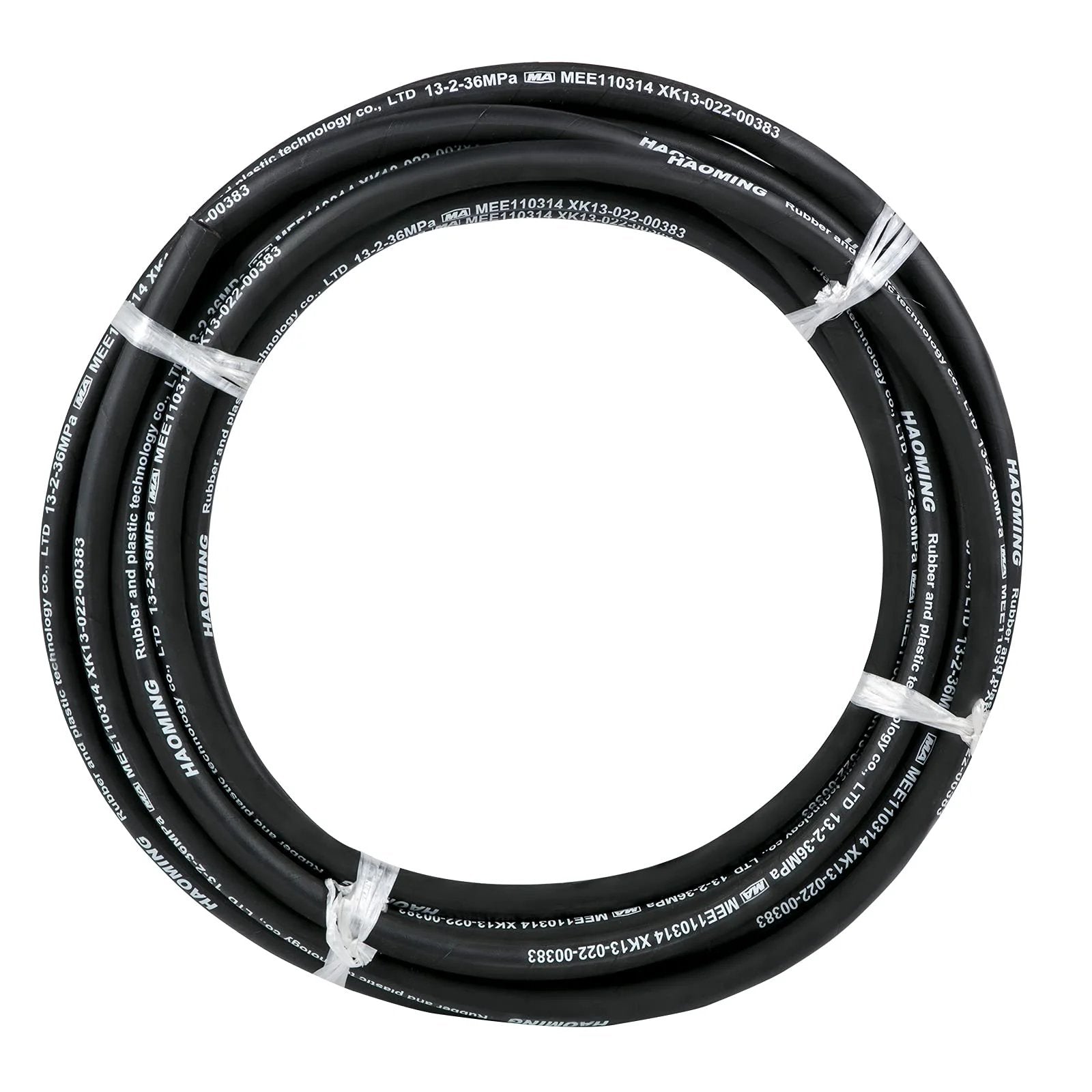 Heavy Duty 50 Feet Hydraulic Hose With Two High Tensile Steel Wire Braids Half Inch Inner Diameter 5000 PSI Max coiled on white background