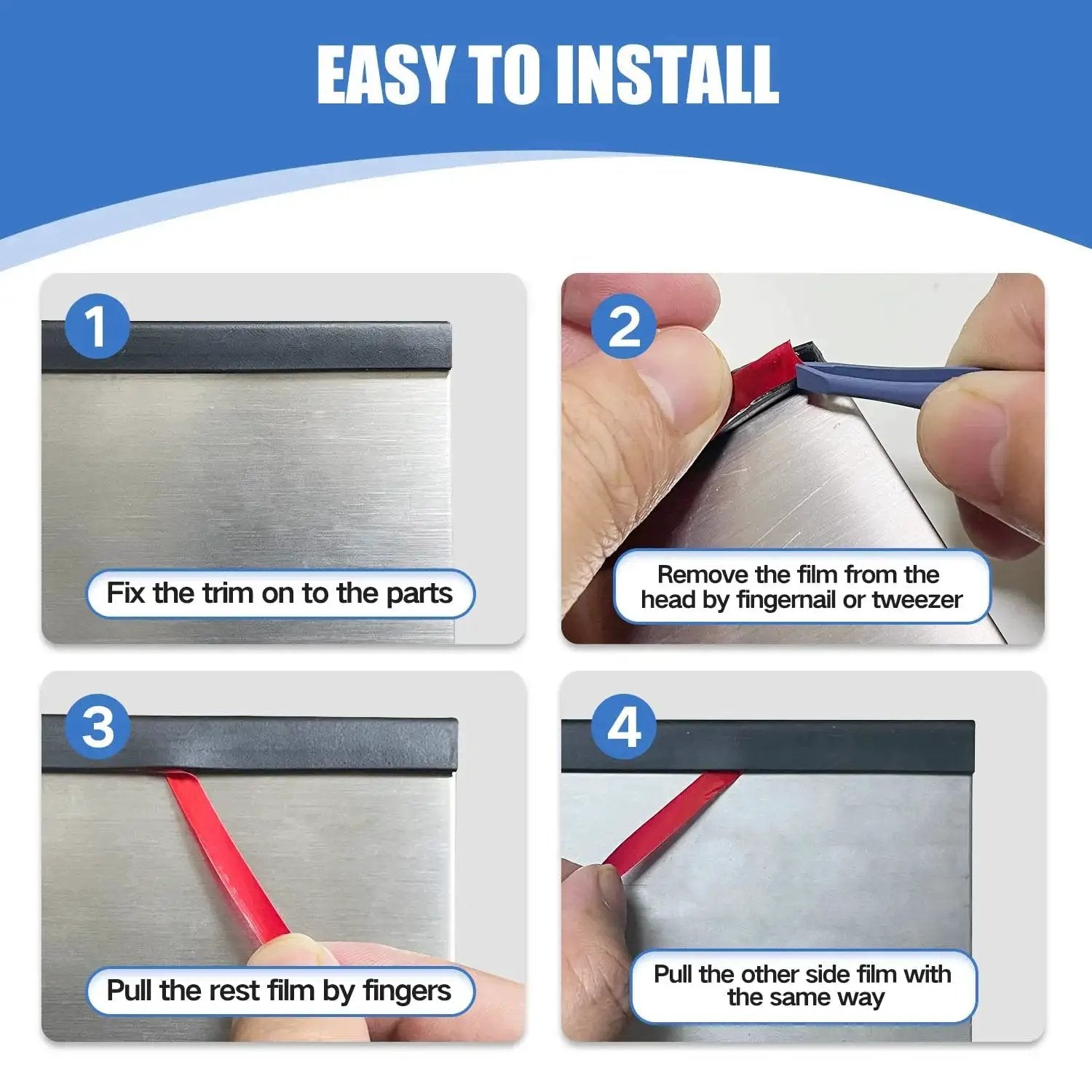 Self Adhesive U Channel Edge Trim Made From EPDM Rubber installation steps on sheet metal, showing easy step-by-step application.