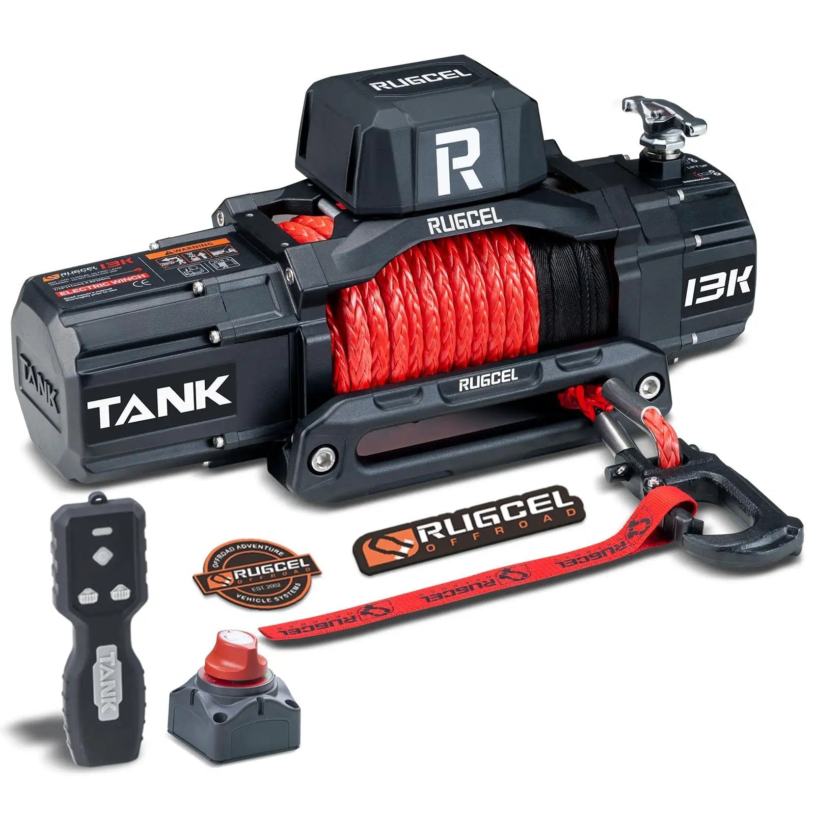 Beast Heavy Duty 13500lb Waterproof Electric Winch With Synthetic Rope For Trucks And SUVs, 12V System, Hawse Fairlead, 2 In 1 Infrared Remote And Wired Control, Red Rope RUGCEL close-up view of winch with synthetic rope and remotes.
