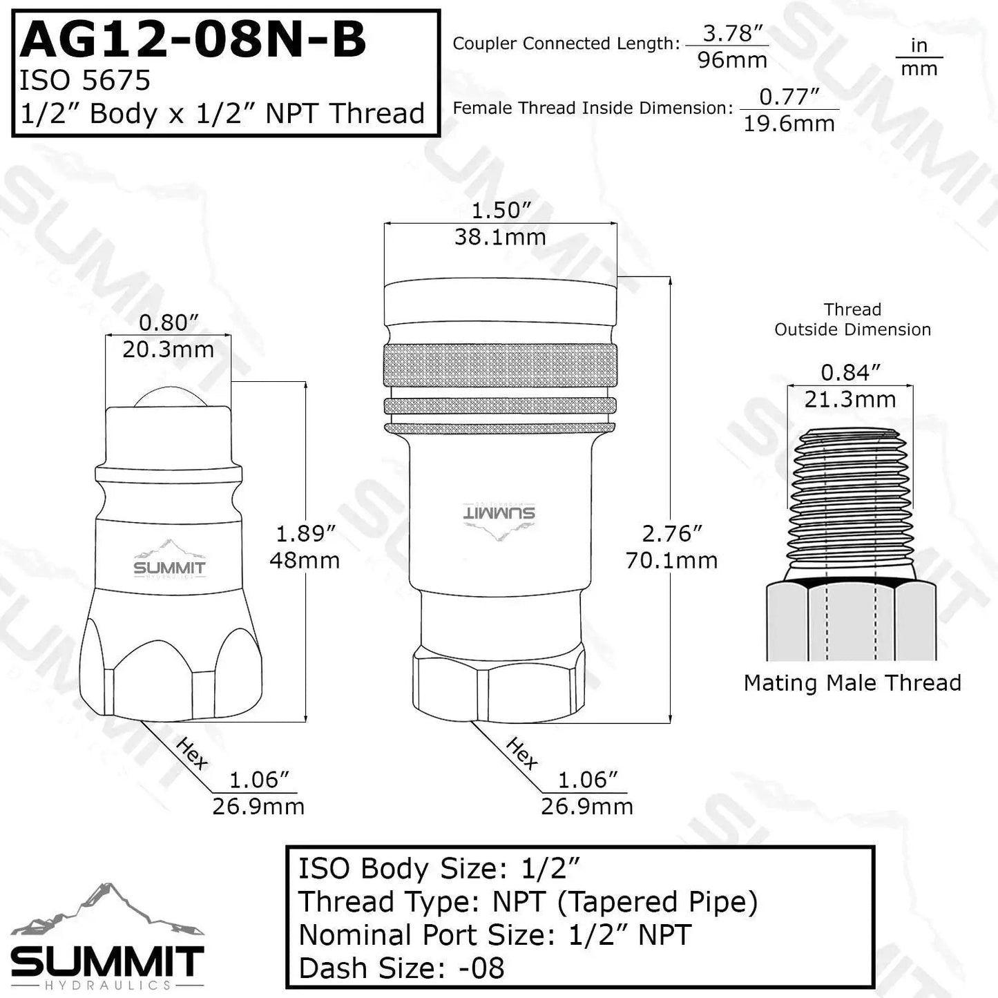 Technical diagram of ISO 5675 1/2 Inch Ag Hydraulic Quick Connect Tractor Couplers Ball Valve Pioneer Style with dimensions.