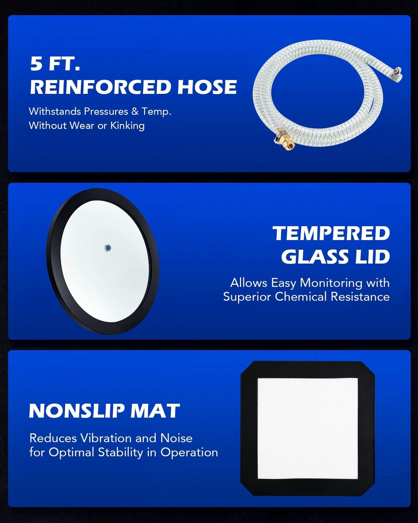 Image displaying components of the All In One 3 Gallon Vacuum Chamber Kit With One Quarter Horsepower Pump, showing a 5ft hose, tempered glass lid, and nonslip mat.
