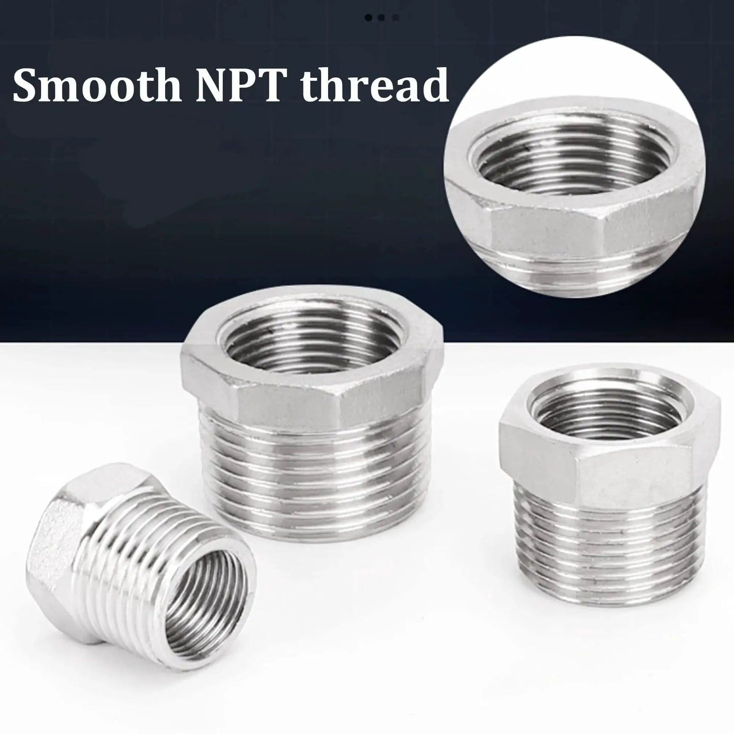 Heavy Duty 2 Pack Stainless Steel Hex Bushing Reducer 1/2 Inch MNPT To 1/4 Inch FNPT Pipe Fittings, 304 Stainless Steel
