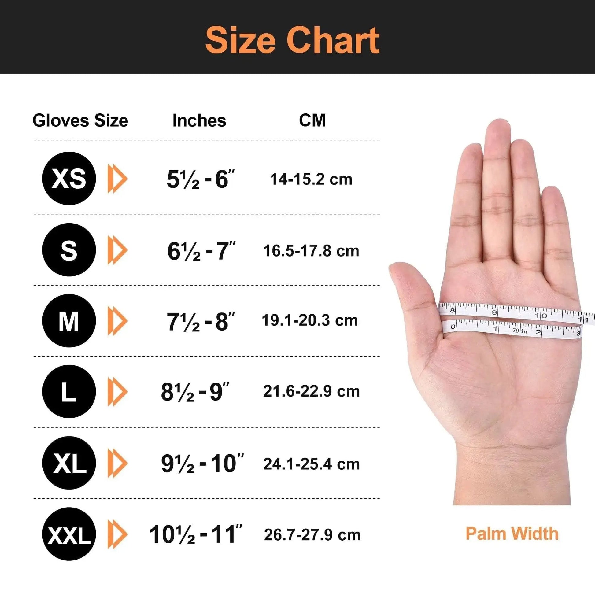Size chart for Orange Nitrile Gloves 8 Mil Heavy Duty Powder Free Diamond Texture Grip 1000 Ct, showing glove sizes XS to XXL.