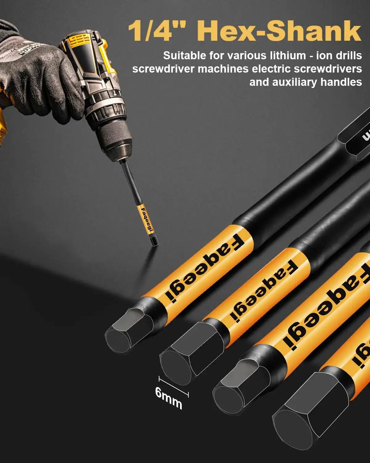 20 Piece 4 Inch Impact Hex Bit Set With Dual Metric And SAE Sizes High Torque S2 Steel Quarter Inch Hex Shank Magnetic CNC Tips For Drill And Driver Built For Tough Home And Automotive Repairs Faqeegi, close-up view showing 1/4 inch hex shank