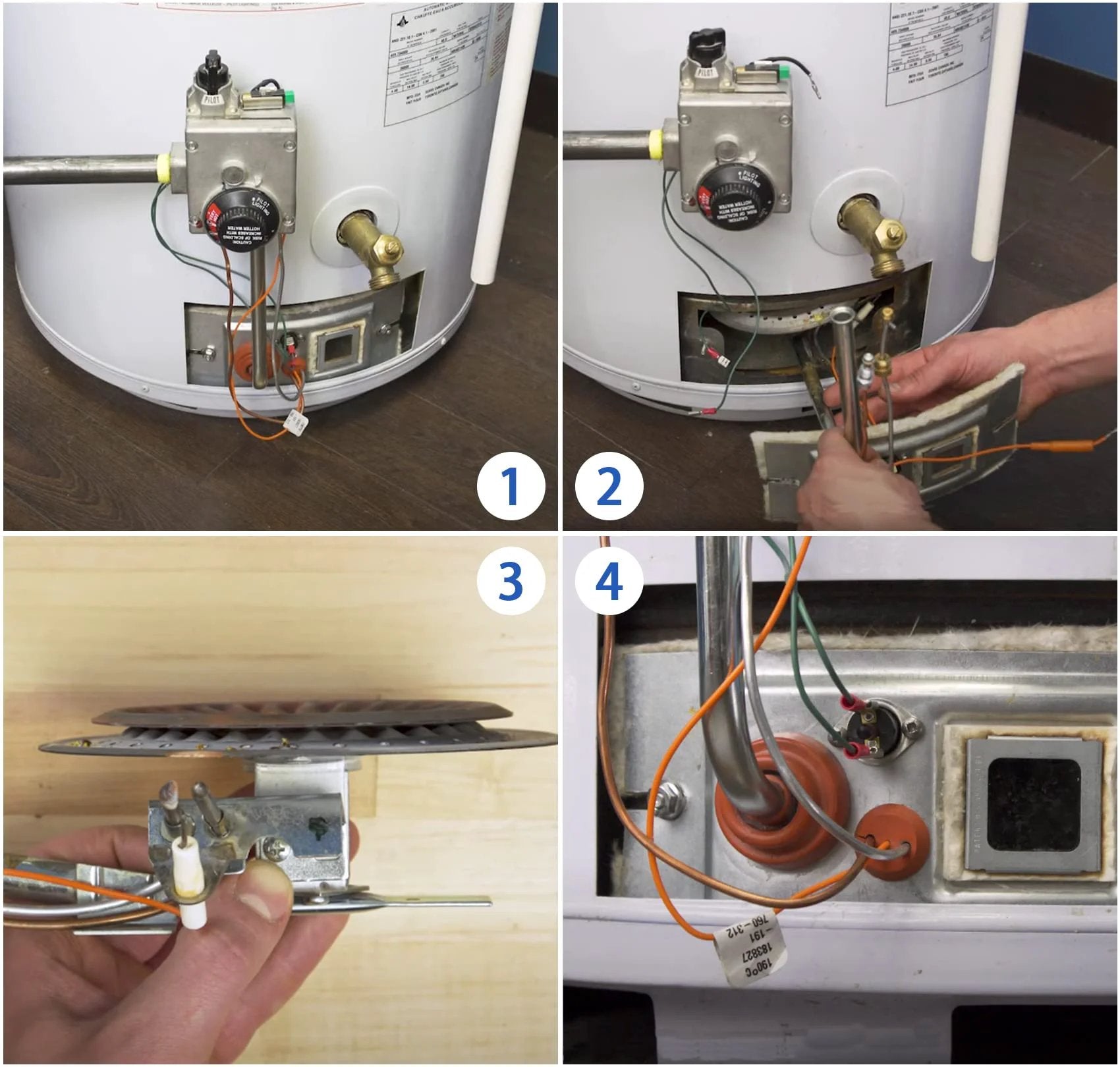 New Upgraded Pilot Assembly For Natural Gas Water Heaters With 190 Degree Pilot, Replaces 100109295 9003542005 18324-190, Easy Fit For Reliance A O Smith Kenmore State GS GSX, installed and close-up views.