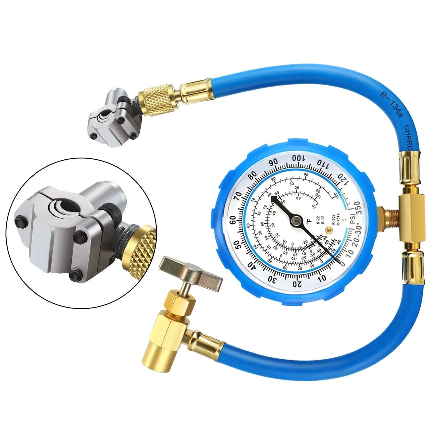 Close-up of Bullet Piercing Tap Valve Kit BPV 31 For Fridge Lines, includes gauge, hex key, and valve with blue hose.