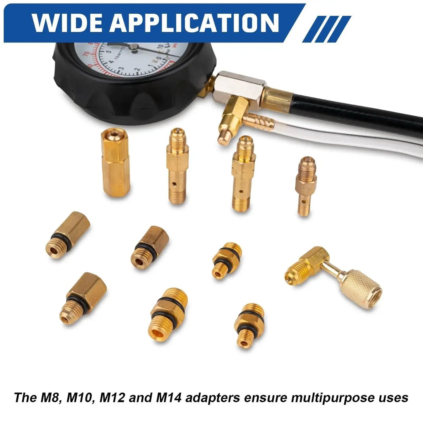 Diesel Fuel Pressure Tester Kit 0-140 PSI With Adapters For Pumps And Injectors, multiple brass adapters and pressure gauge visible