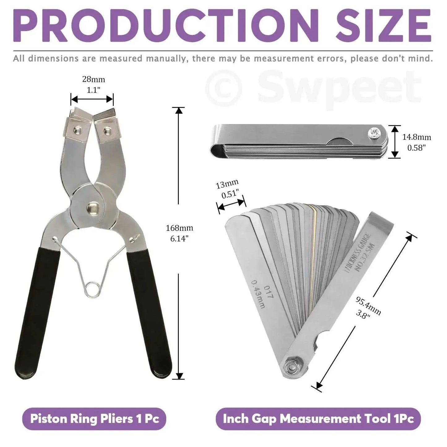 Dimensions of pliers and feeler gauge from 8Pcs Piston Ring Compressor Kit with Adjustable Installation Pliers and Wrench Pro Grade.