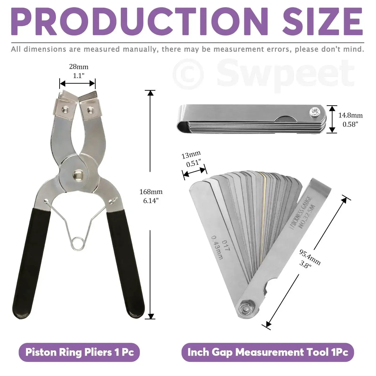 Dimensions of pliers and feeler gauge from 8Pcs Piston Ring Compressor Kit with Adjustable Installation Pliers and Wrench Pro Grade.