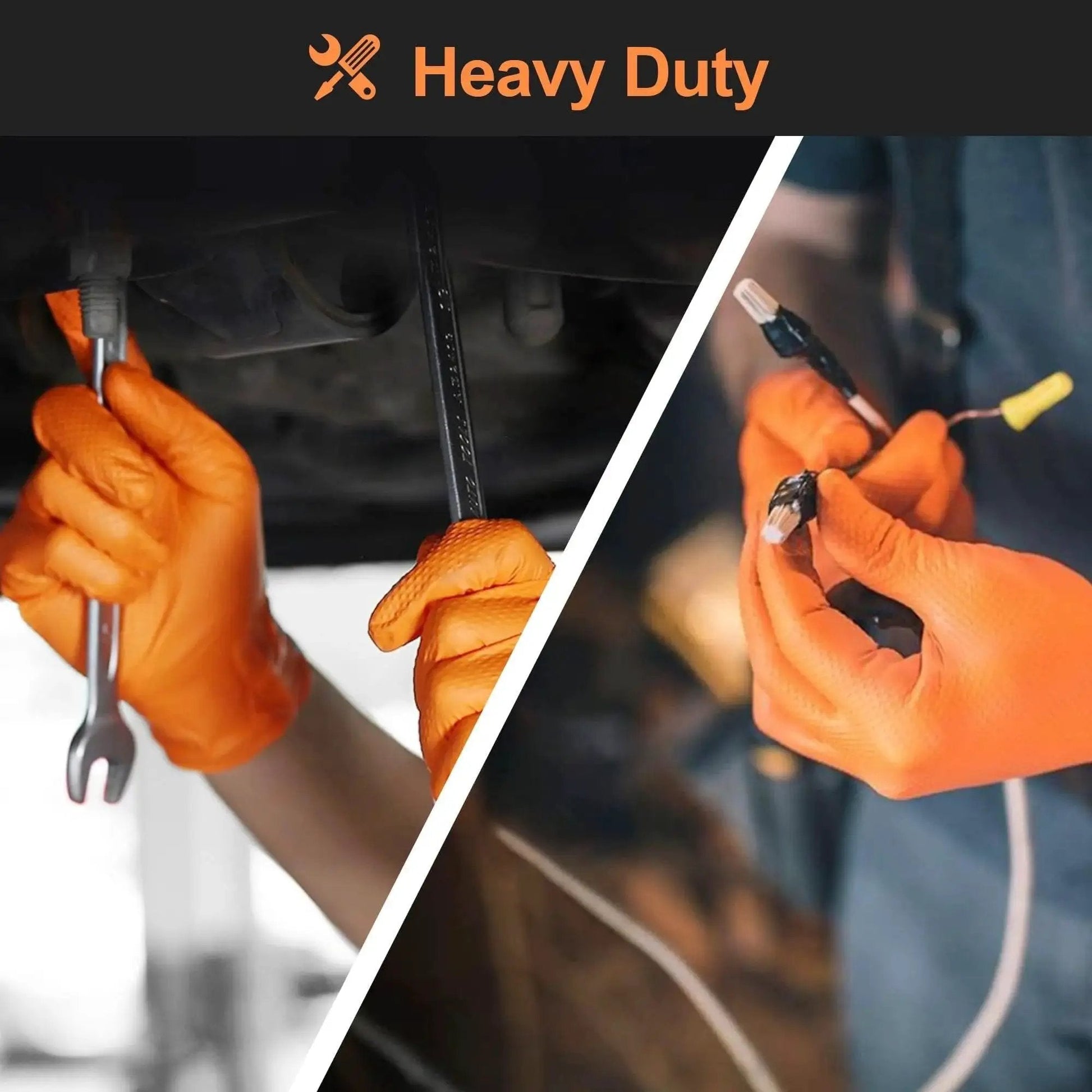Heavy Duty Orange Nitrile Gloves 8 Mil Diamond Texture Grip XL, used in automotive repair.