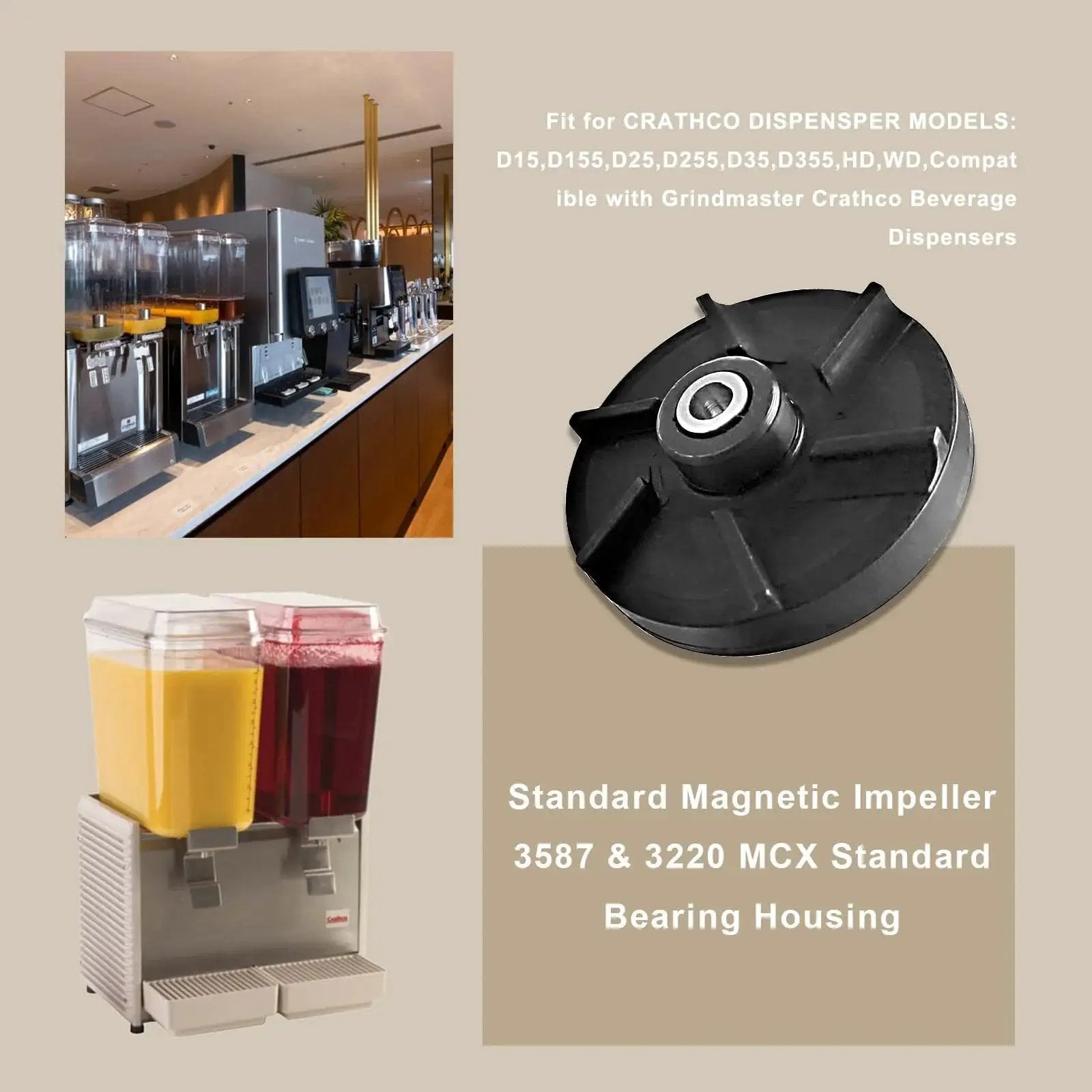 Direct Replacement Magnetic Impeller Kit With Bearing Sleeve for commercial beverage dispensers, product image with models shown.