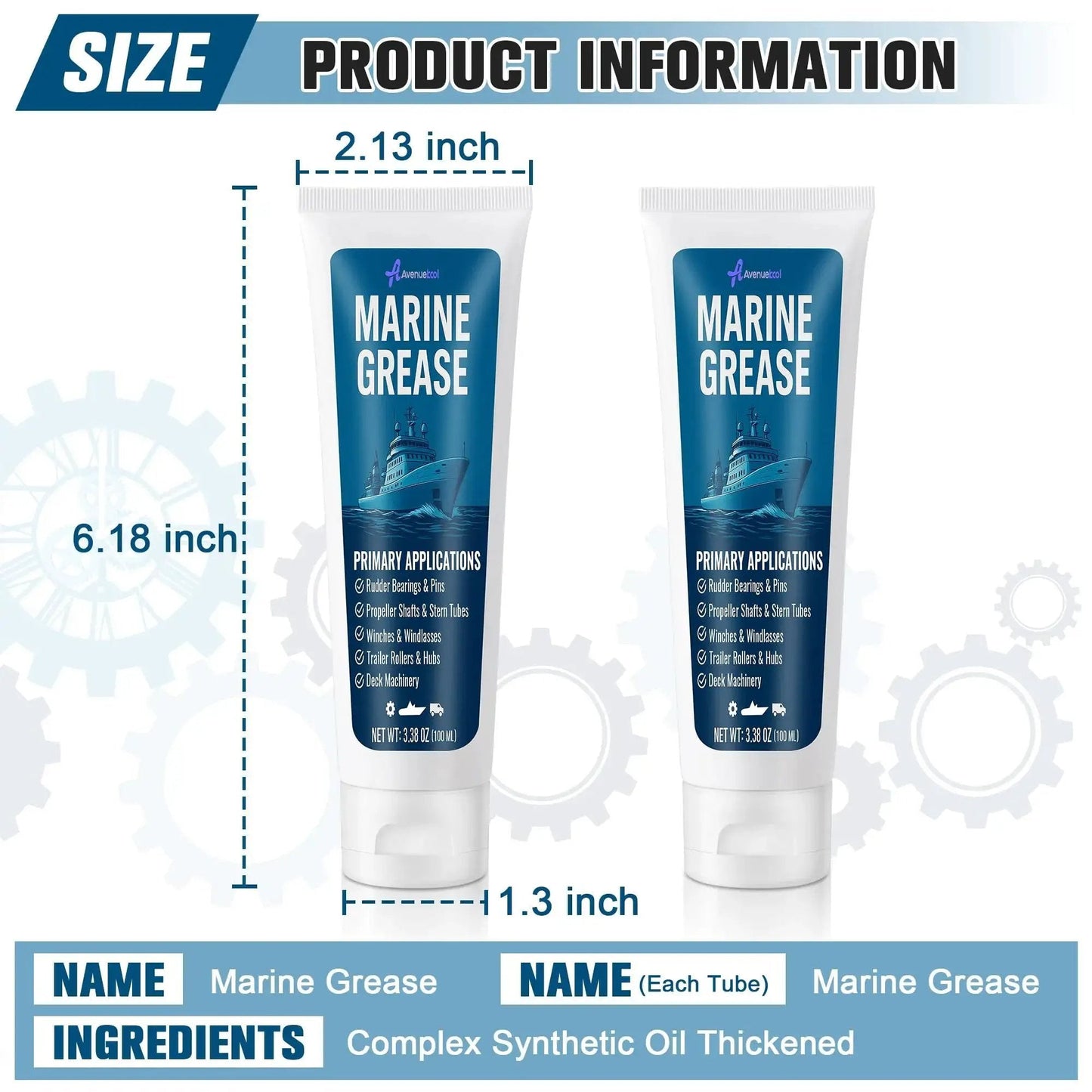 Premium Marine Grade Grease Two Pack For Boat Maintenance, 200 Ml Tubes, Waterproof High Temp Bearing Lubricant for propeller shafts and rudder bearings, trailer bearings, pro grade marine use, temperature range minus 18 to 260 degrees Celsius, rust, front view