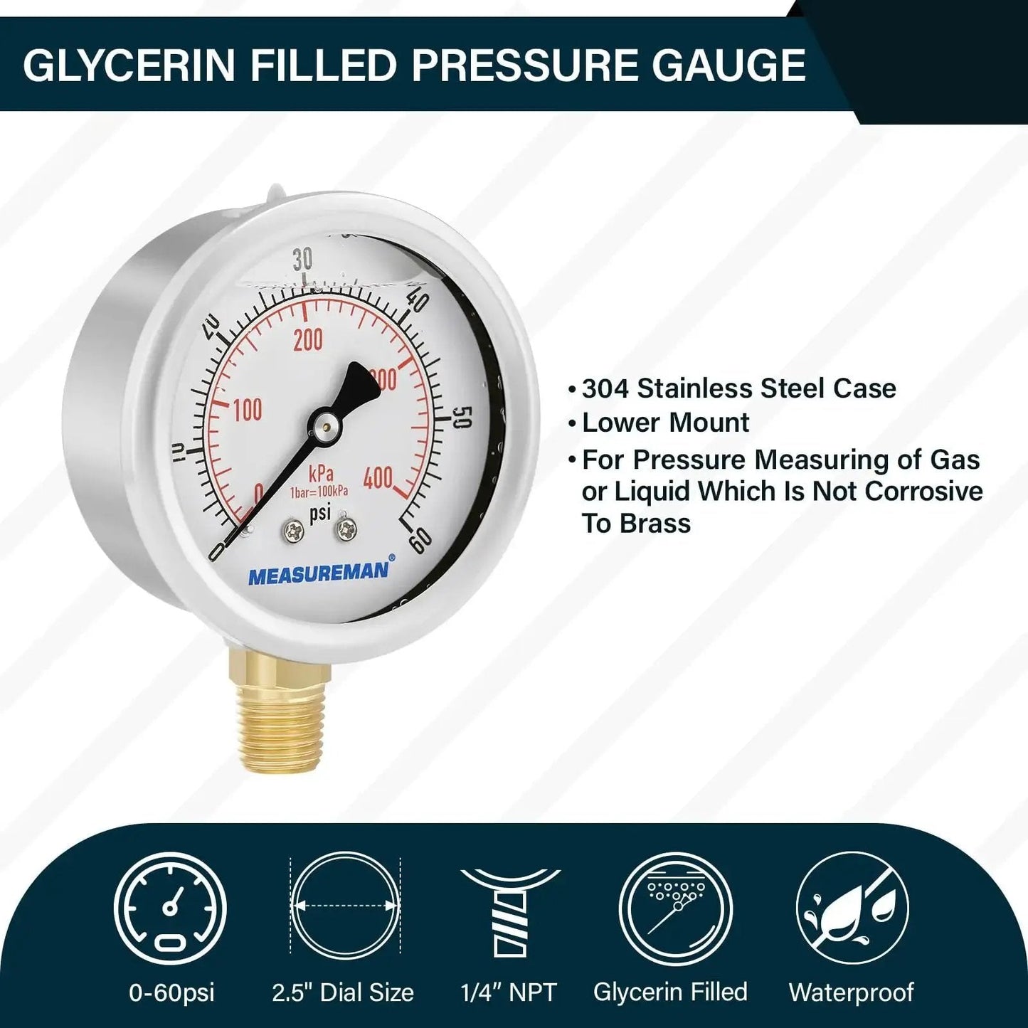 Tough As Nails Two And A Half Inch Dial Liquid Filled Pressure Gauge For Gas And Non Corrosive Liquids With 0 To 60 Psi And KPa Dual Scale