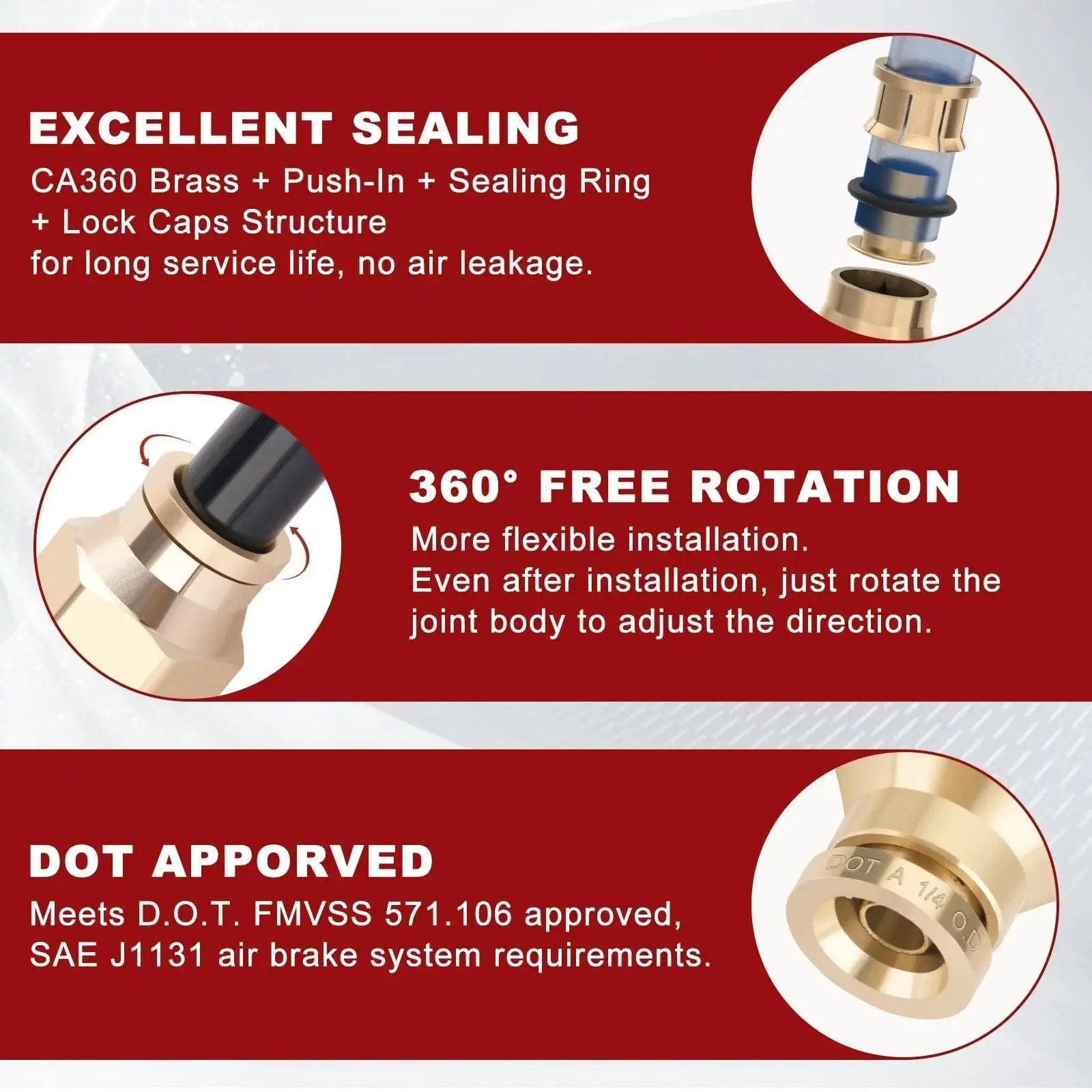 Brass Push To Connect Air Fittings Kit with sealing ring and lock caps, 1/4 inch tube to 1/8 inch NPT, DOT approved for air brakes.
