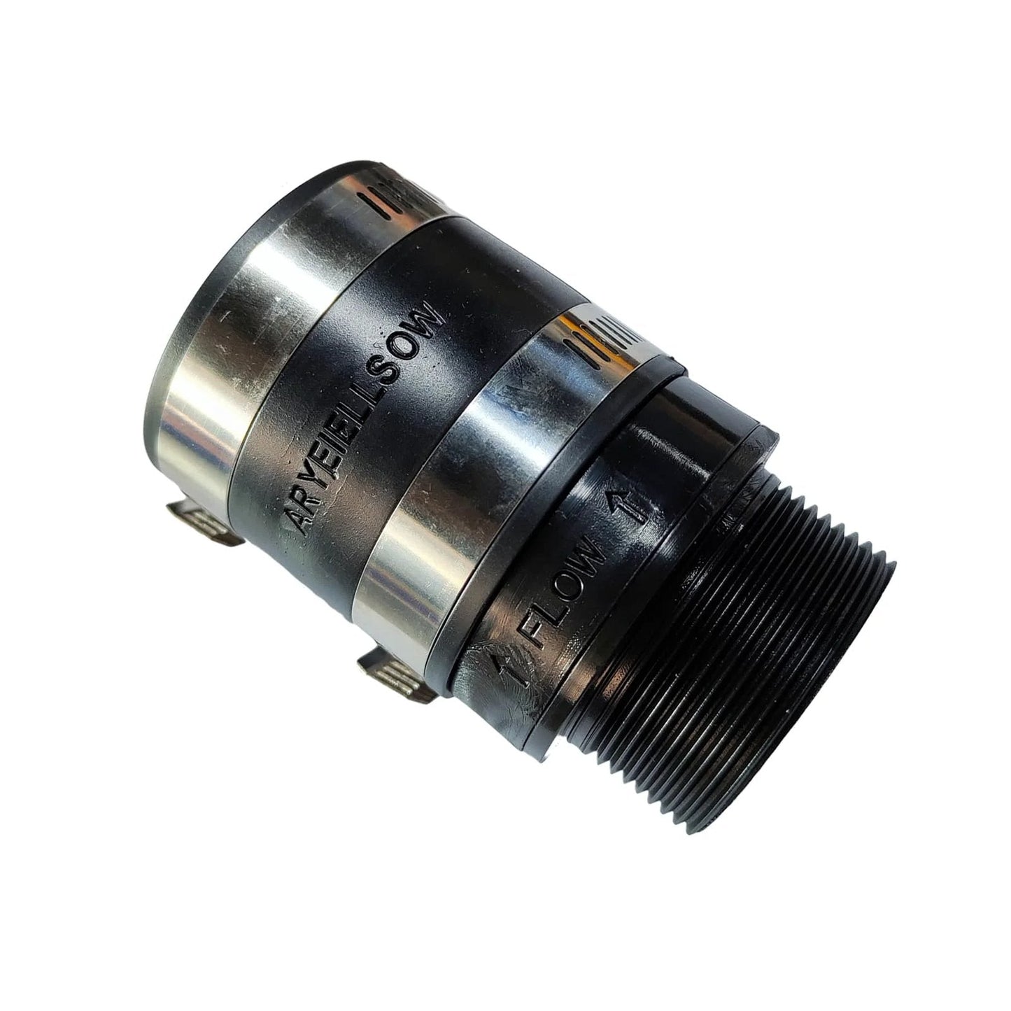 1-1/2 Inch Inline Check Valve With Stainless Steel Clamps Model 30-0238 Black Garden Hose Pump Discharge Fitting Vertical Install Only Pre drilled Weep Hole Durable Inline Valve For Backyard Water Transfer