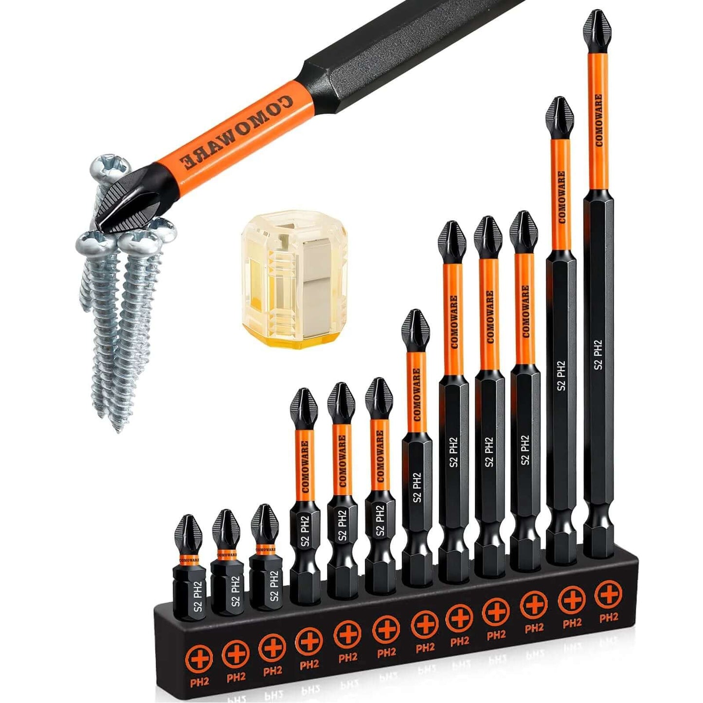 13 Piece Phillips Head Drill Bit Set COMOWARE S2 Steel 1/4 Inch Hex Magnetic Bits With Anti Slip CNC Tip, 1 To 6 Inch Length, Impact Ready Hex Bits For Electronics Disassembly And Heavy Duty Screwing
