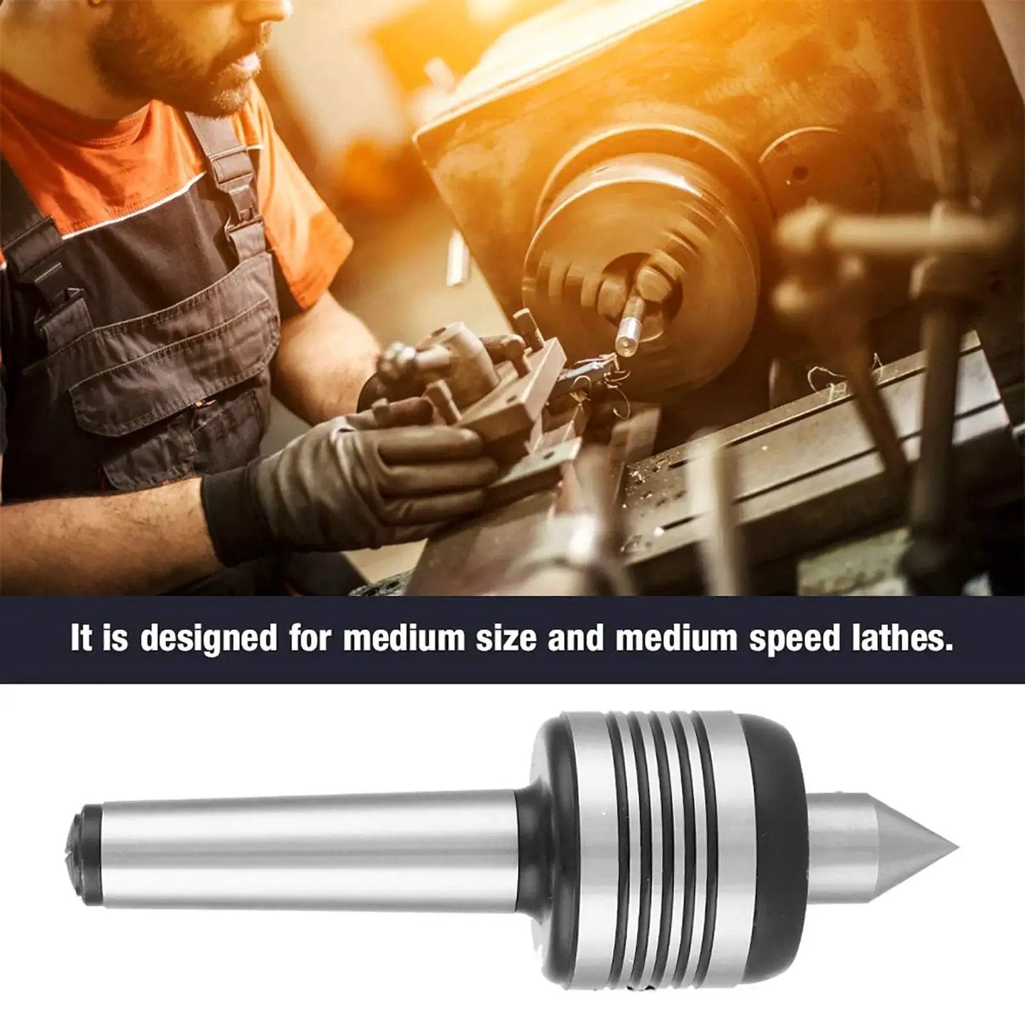 MT3 Heavy Duty Live Center With Triple Bearing Precision for metal lathe turning, shown with lathe setup and worker.