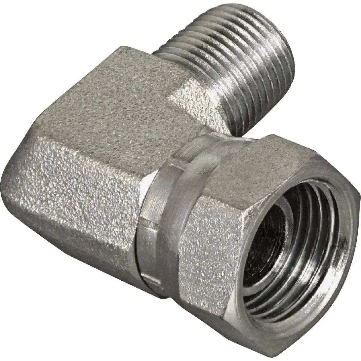 One Half Inch Male Pipe To Three Eighth Inch Female Pipe Swivel 90 Degree Hydraulic Adapter For Plumbing And Hydraulics Durable Steel