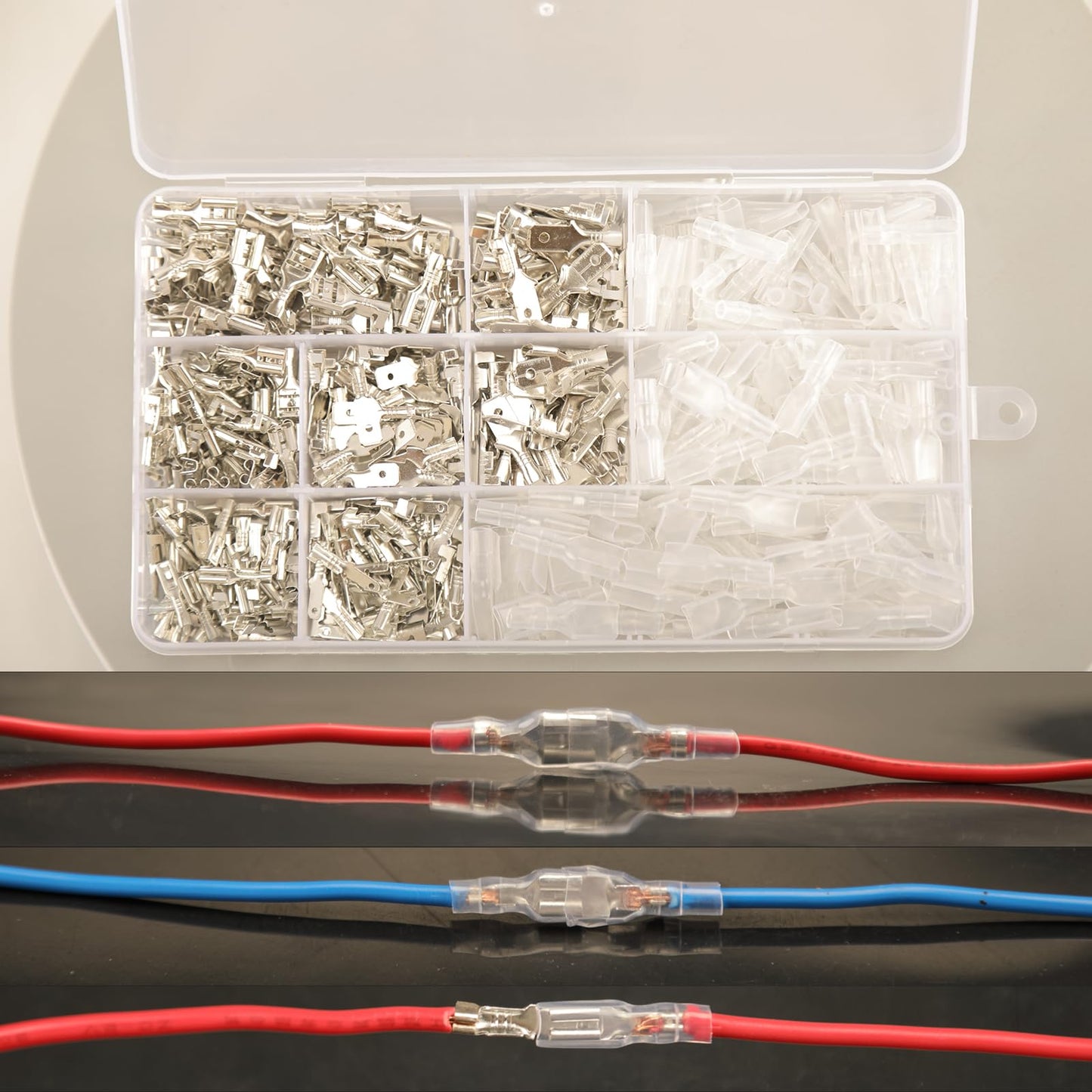 Ultimate 540 Piece Spade Connectors Kit With Insulating Sleeves And Crimp Terminals shown with connectors and wires