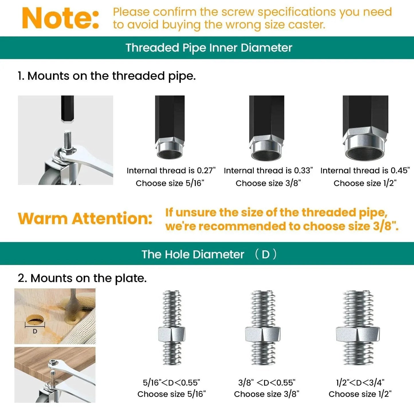 Diagram showing threaded pipe inner diameters and mounting options for 3 Inch Swivel Caster Wheels With No Brake, 3/8 Inch 16 UNC X 1 1/2 Inch Stem, Heavy Duty Steel Housing, 600 Pound Load Capacity, Set Of 4, Grey Casters For Cart And Cabinet Mobility Built For Heavy Duty Mobility In Industrial And Home Settings.