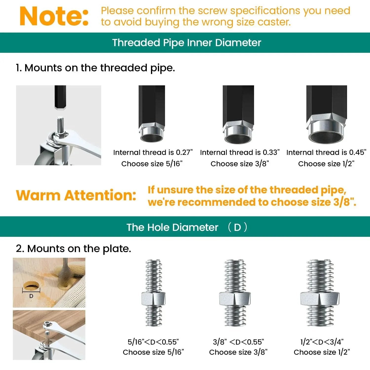 Diagram showing threaded pipe inner diameters and mounting options for 3 Inch Swivel Caster Wheels With No Brake, 3/8 Inch 16 UNC X 1 1/2 Inch Stem, Heavy Duty Steel Housing, 600 Pound Load Capacity, Set Of 4, Grey Casters For Cart And Cabinet Mobility Built For Heavy Duty Mobility In Industrial And Home Settings.