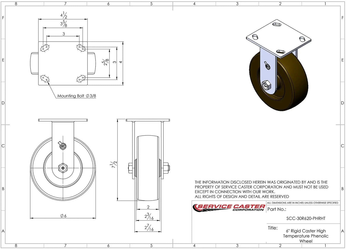 Technical drawing of Heavy Duty High Temperature Phenolic Swivel Top Plate Caster with 6 Inch Wheel, 4800 lb capacity.