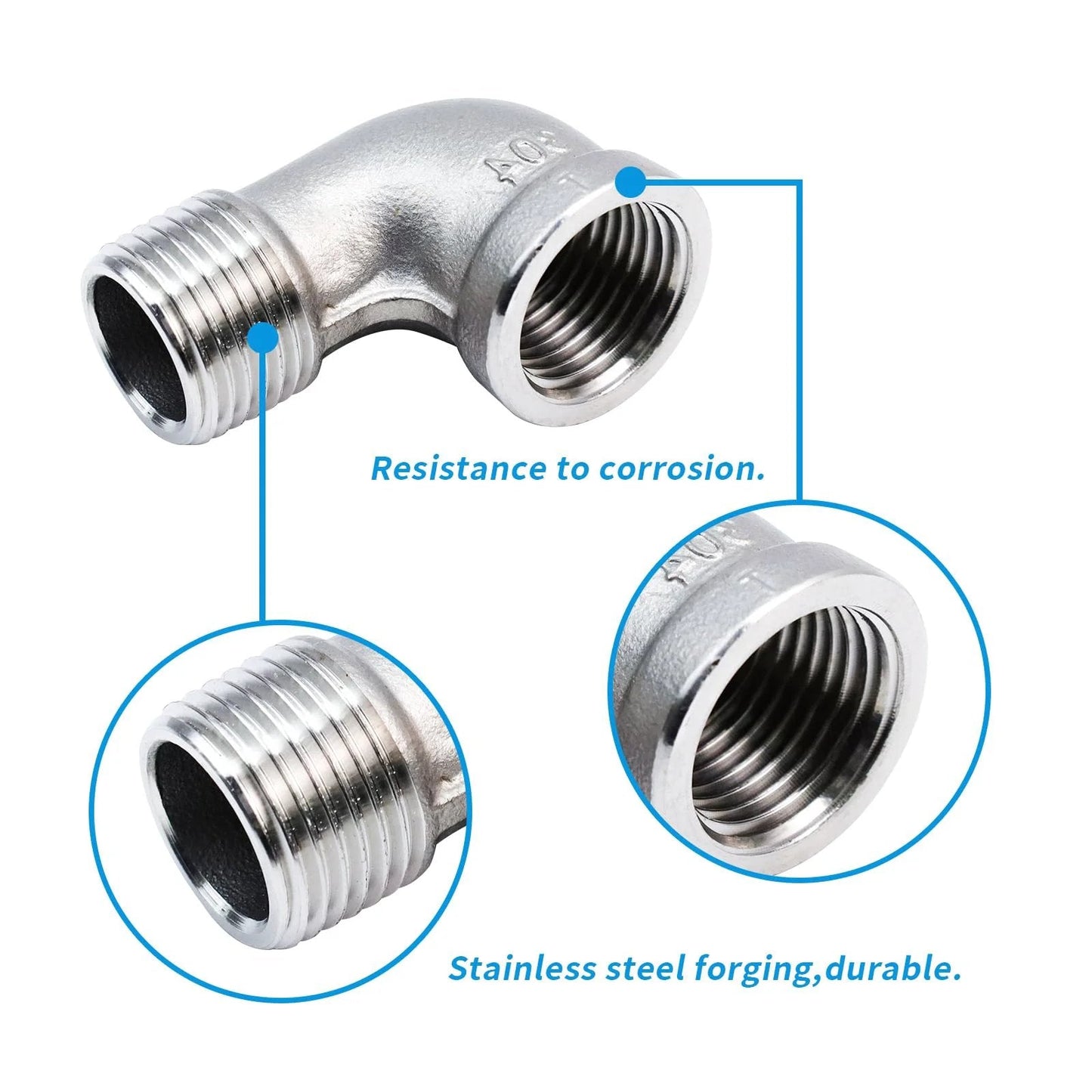 Two Pack 304 Stainless Steel 90 Degree Elbow Pipe Fittings Half Inch NPT Female To Male Heavy Duty Plumbing Elbow