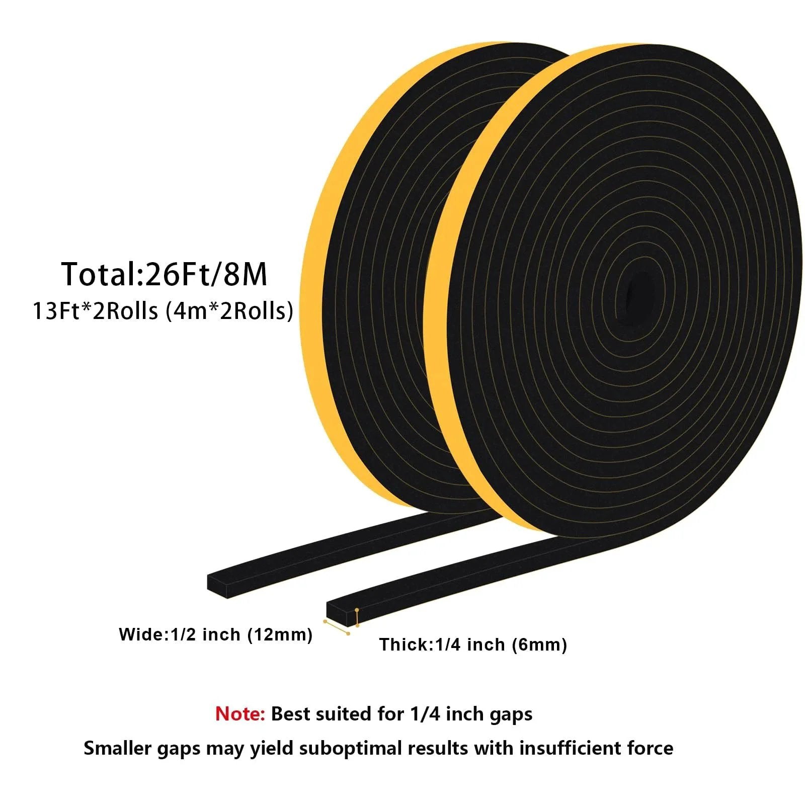 Weather Stripping Door Seal Tape With Strong Adhesive Lightproof And Noise Reduction Weatherproof Foam Insulation For Sliding Doors Front Door Frames And Windows Cut Energy Bills Half Inch By Quarter Inch Two Rolls Twenty Six Feet Total in black foam roll with yellow adhesive backing