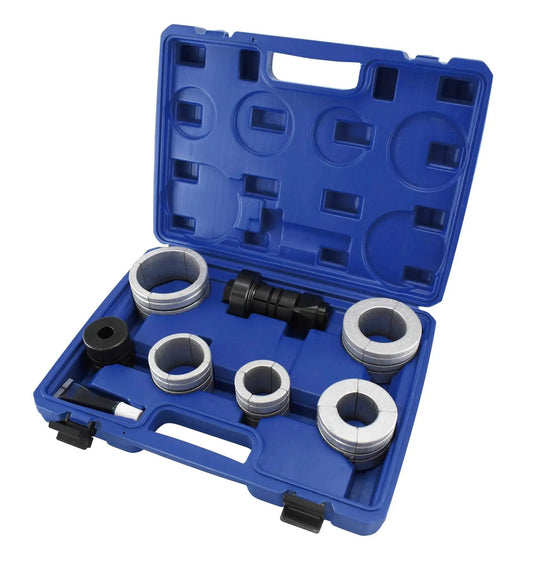 Exhaust Pipe Stretcher Kit Heavy Duty Expander For Small To Large Exhaust Piping with steel expander and collets in a blue case.