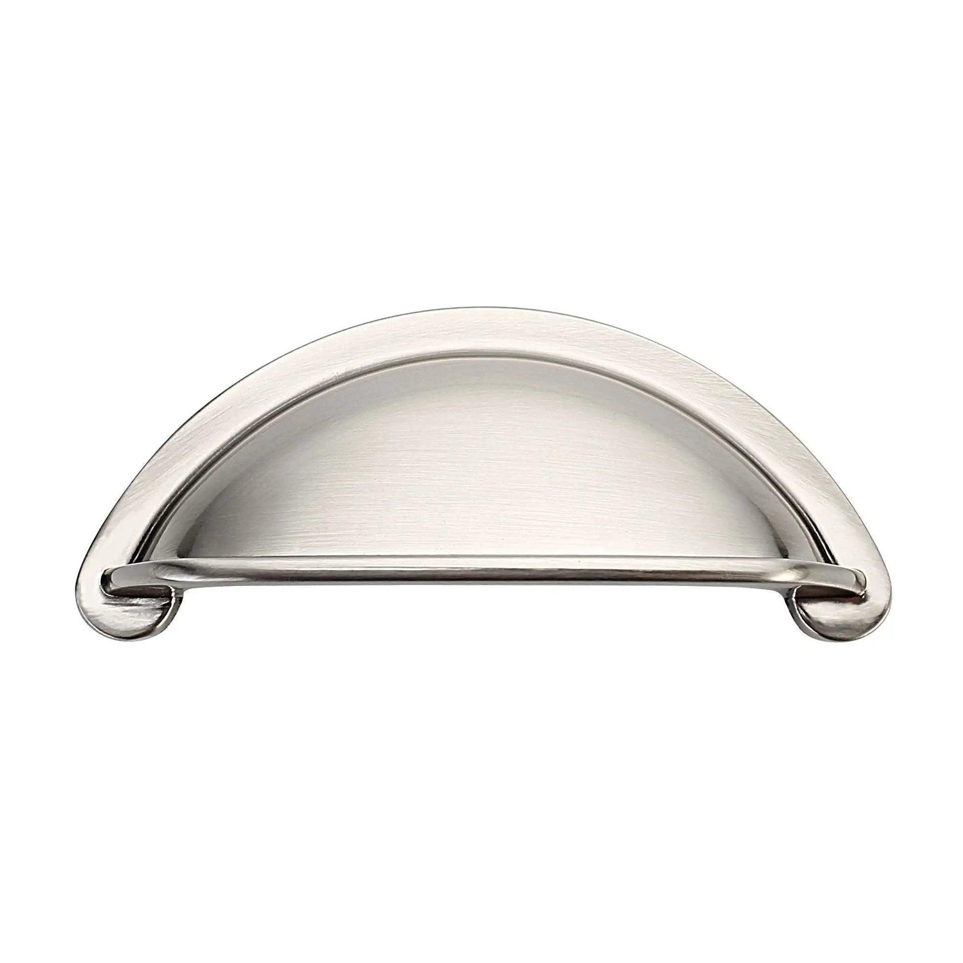 Front view of a brushed satin nickel cabinet cup pull, part of 10 pack with 3 inch hole centers, ideal for cabinets, drawers, and closets.