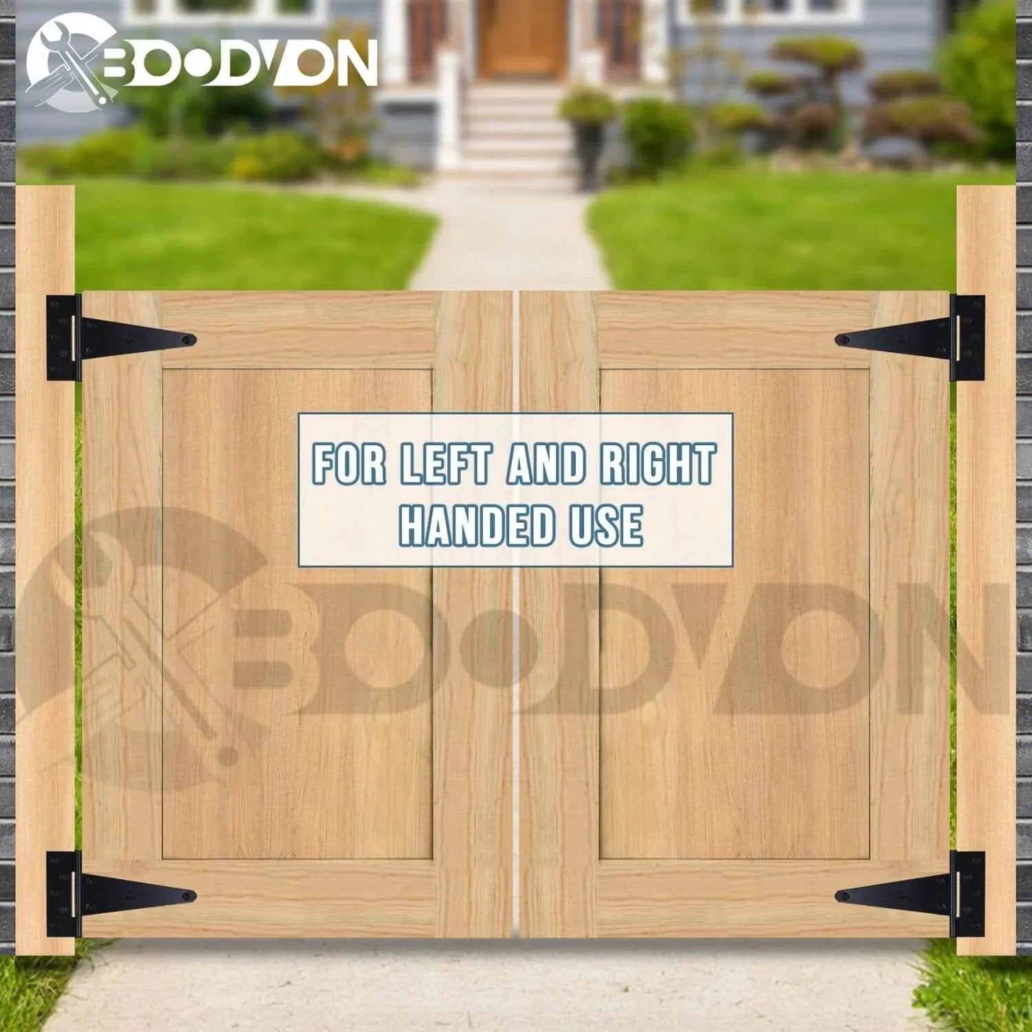 Wooden gate with black 10 Inch T Strap Gate Hinges In Black Powder Coated Finish Heavy Duty Tee Hinges For Wooden Fences And Yard Gates