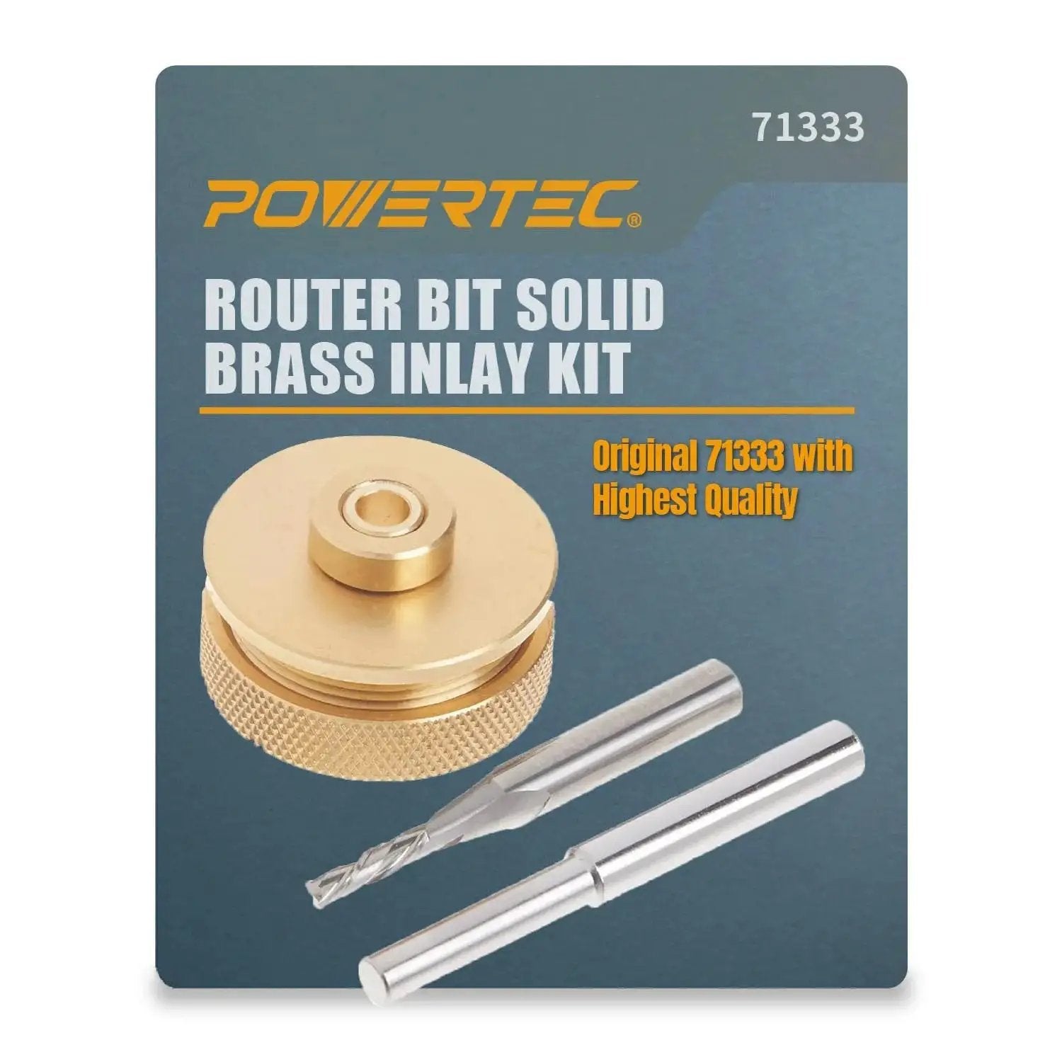 Brass Inlay Router Kit with bushing guide, alignment pin, carbide spiral bit, brass collar, retaining nut for woodworking by POWERTEC